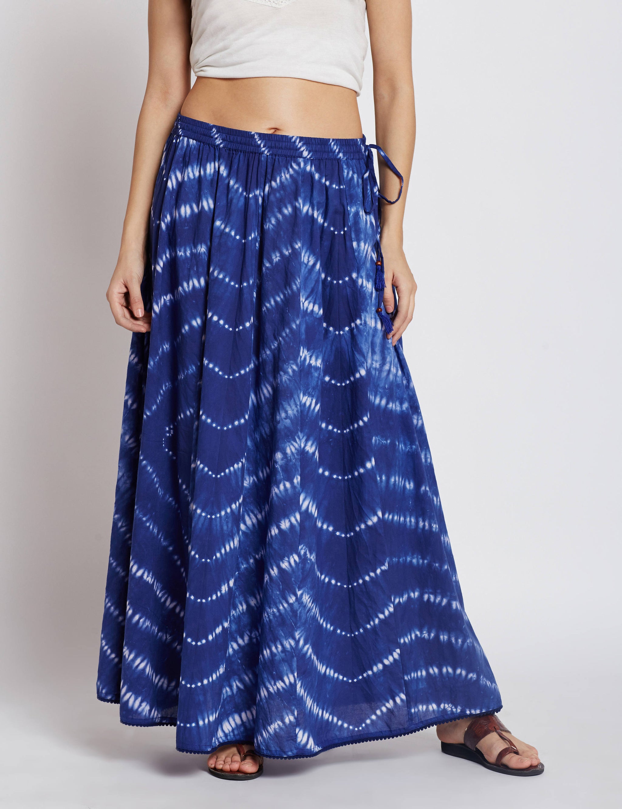 Shibori panelled long skirt in blue colour