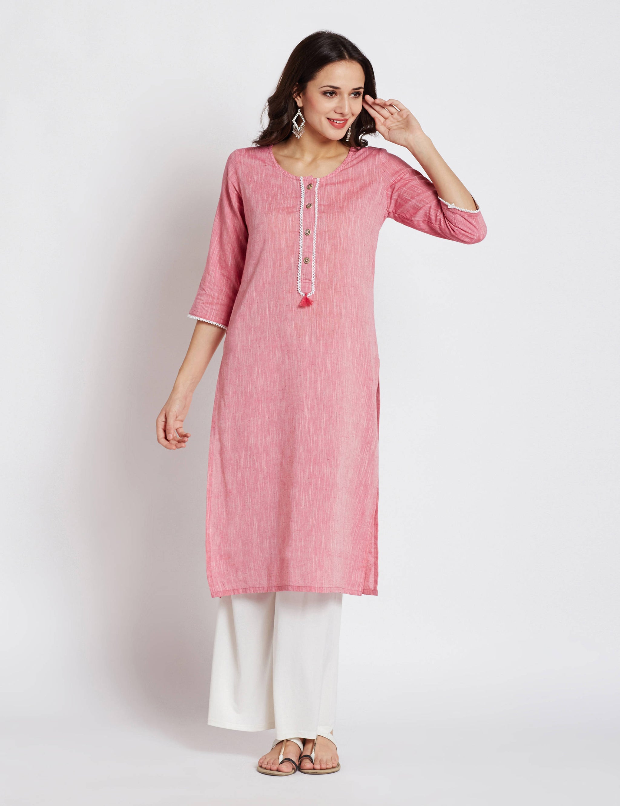 Indian ethnic long kurta with pocket in soft pink colour with beads border detailing