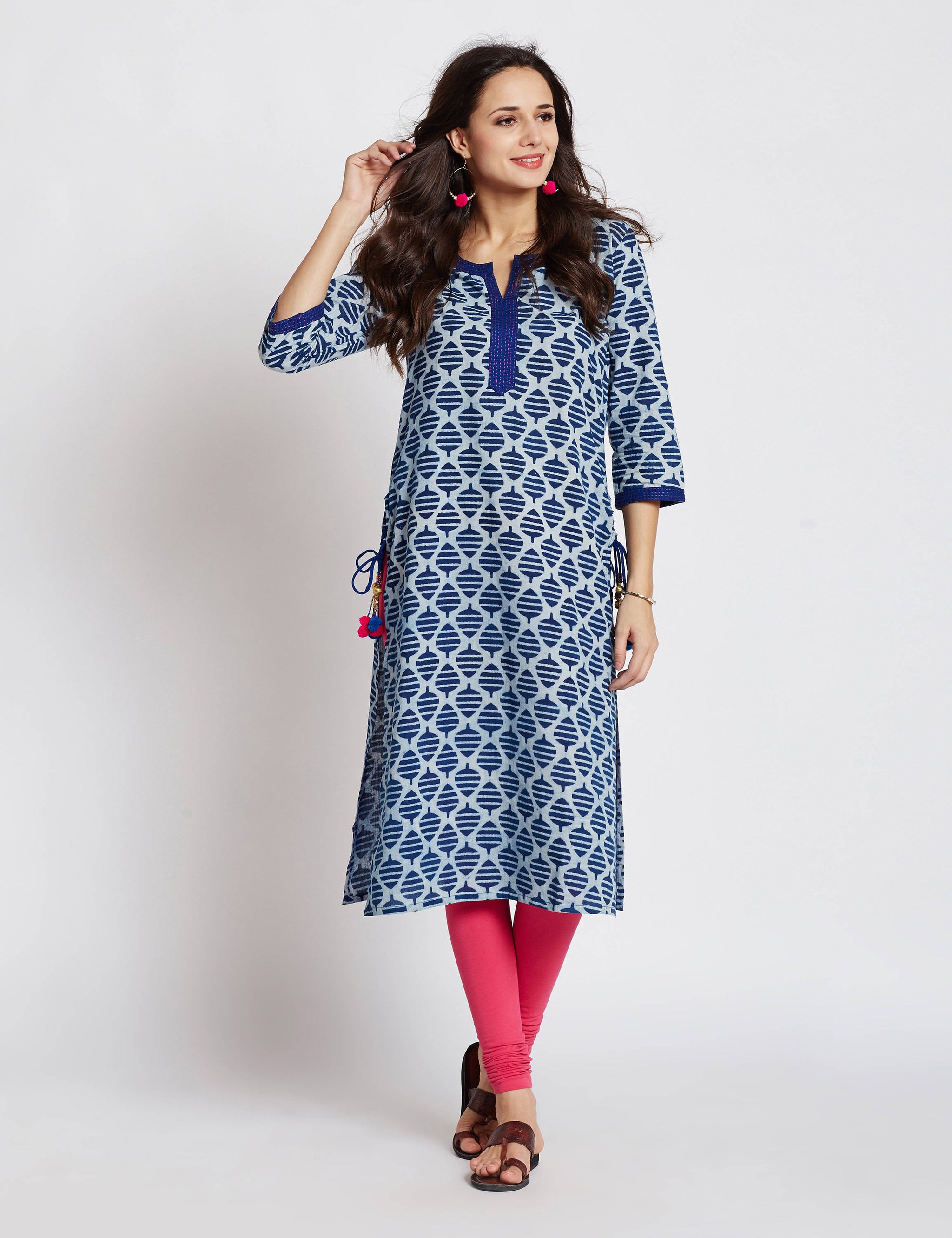 Indigo Hand block printed ethnic long Indian kurta with side tassels and hand embroidery on neck and sleeves