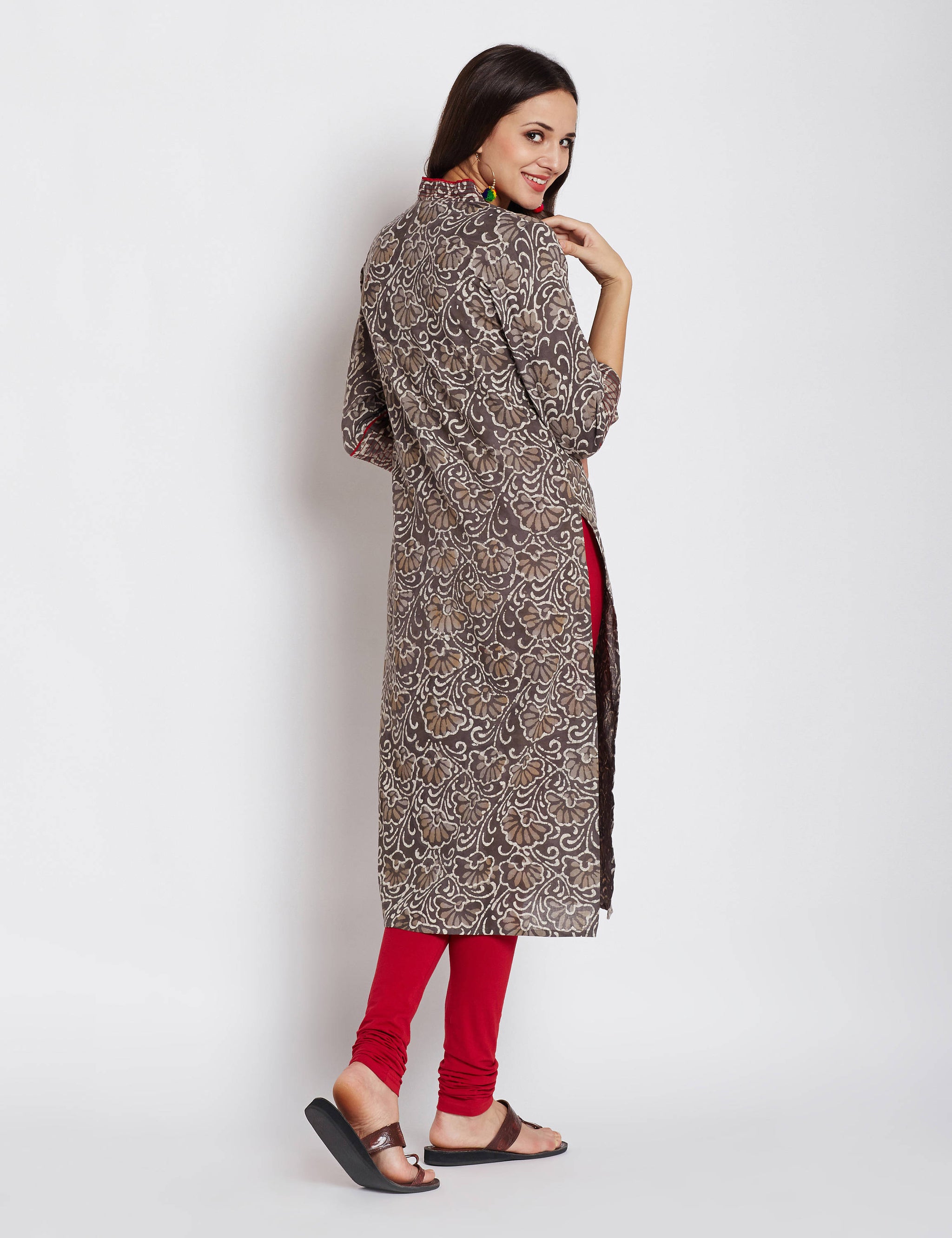 Hand block dabu printed ethnic long Indian kurta with contrast trims and embroidery on V neck and sleeves