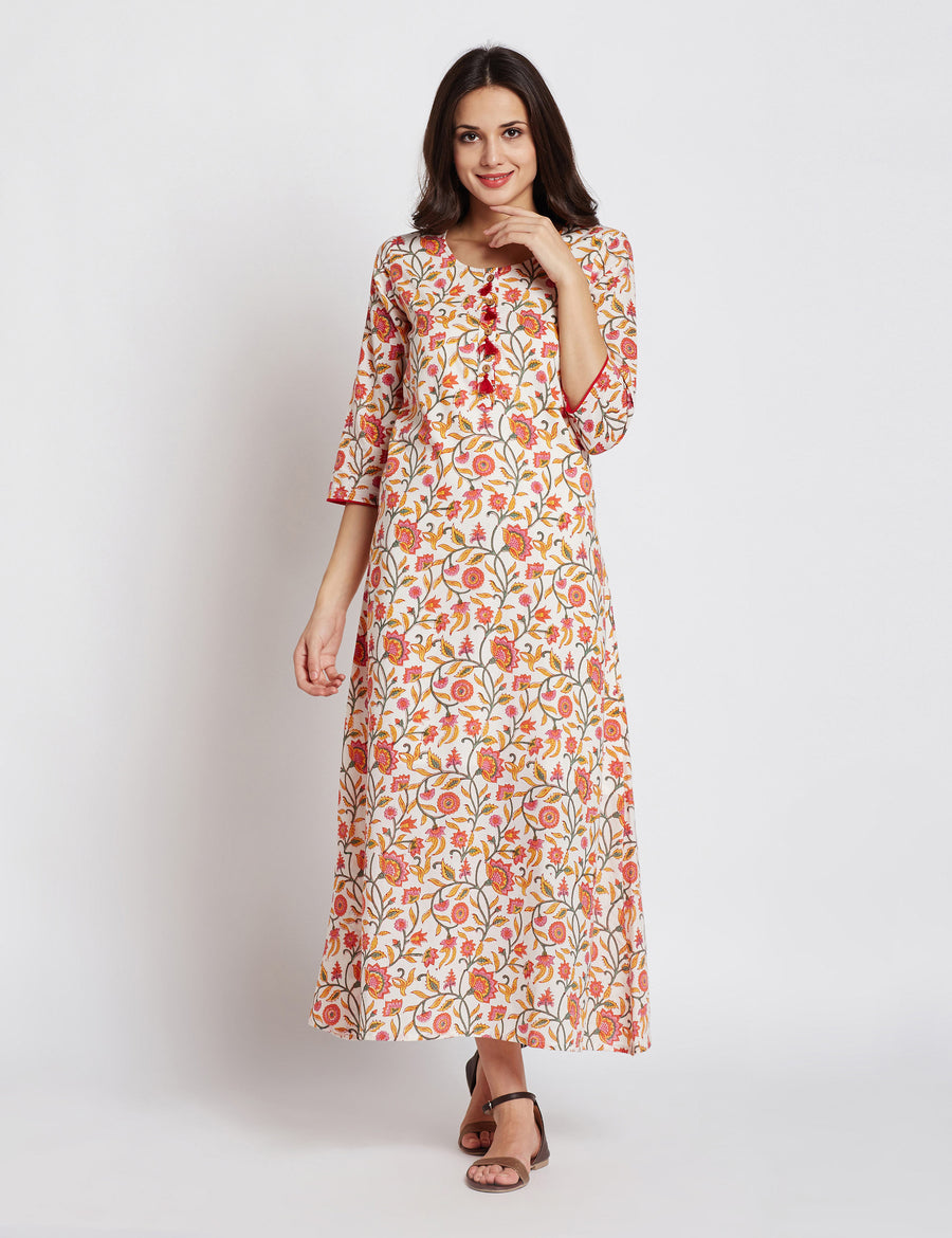 Hand block white floral printed one piece long dress