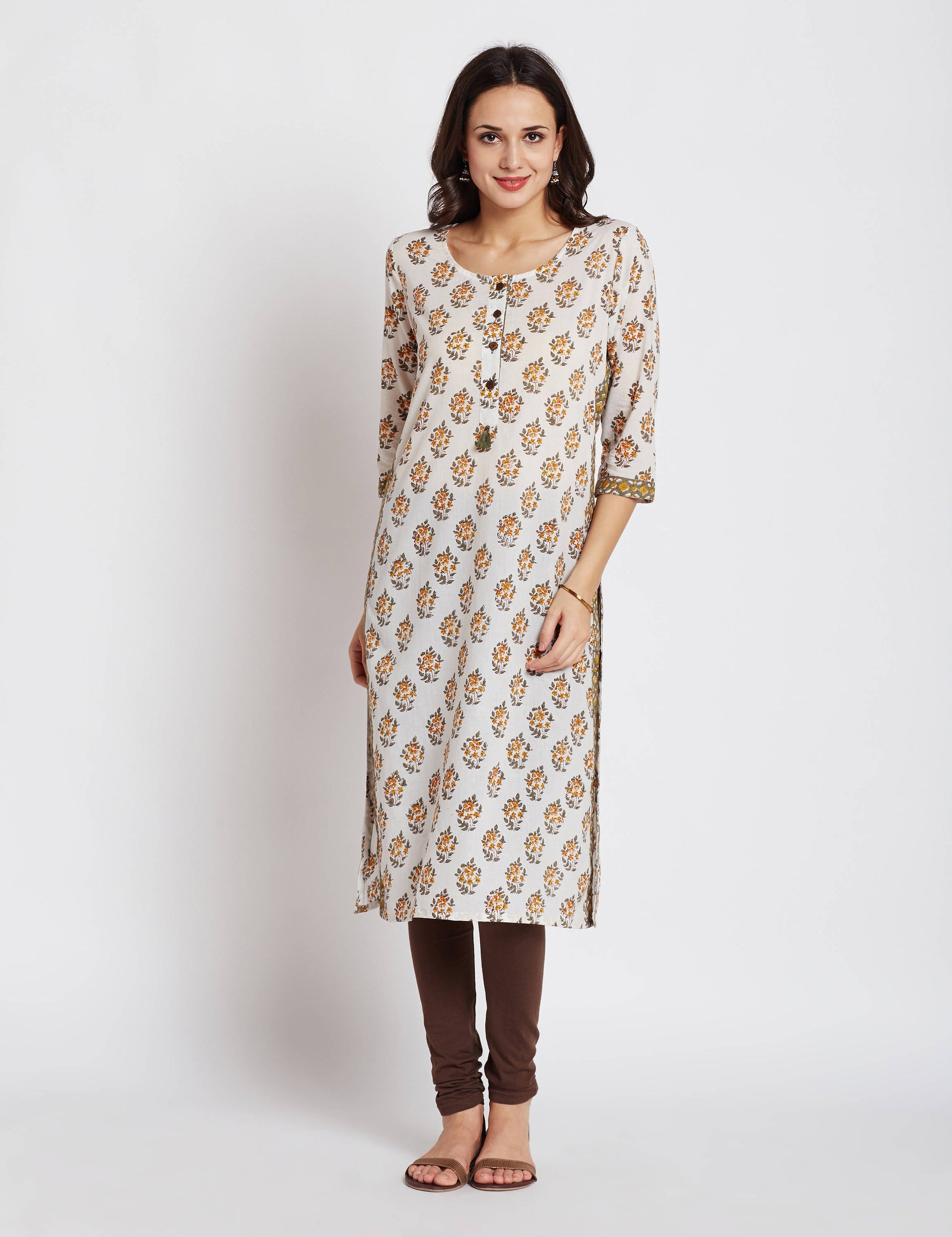 Hand block printed ethnic long Indian kurta with border detailing and front button placket