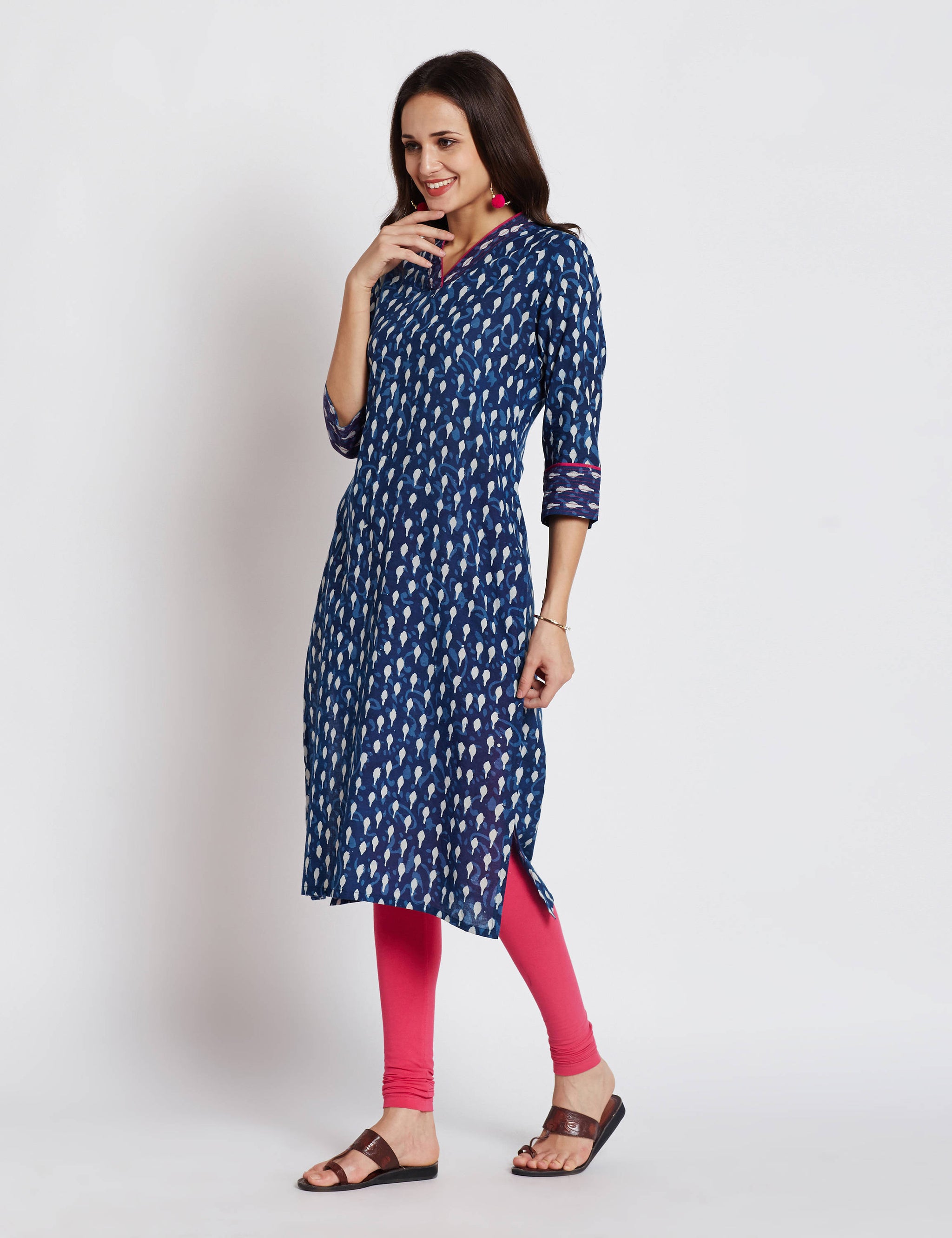 Indigo Hand block dabu printed ethnic long Indian kurta with contrast trims and hot pink hand embroidery on V neck and sleeves