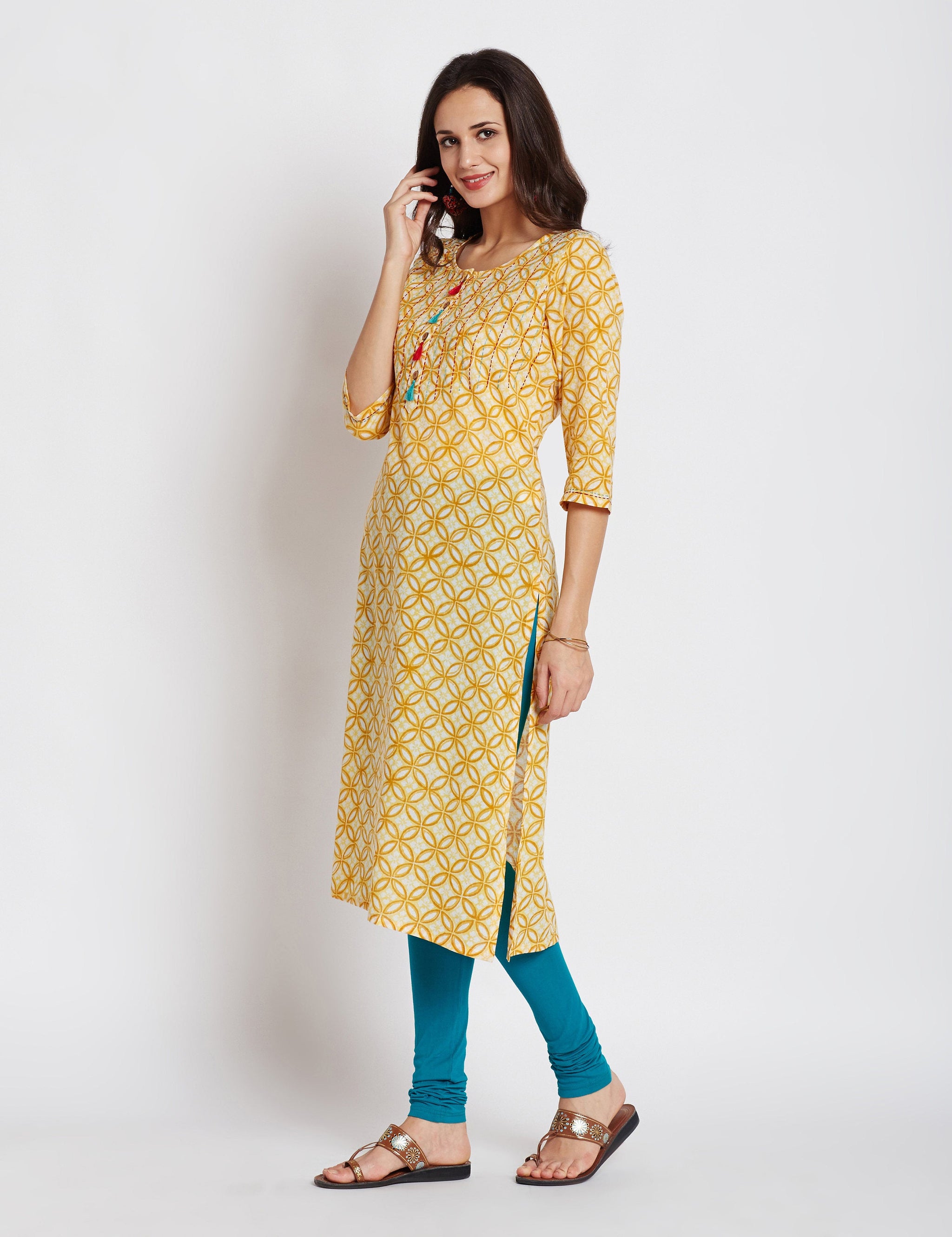 Hand block printed ethnic long Indian pocket kurta with kantha hand embroidery & tassels on front placket