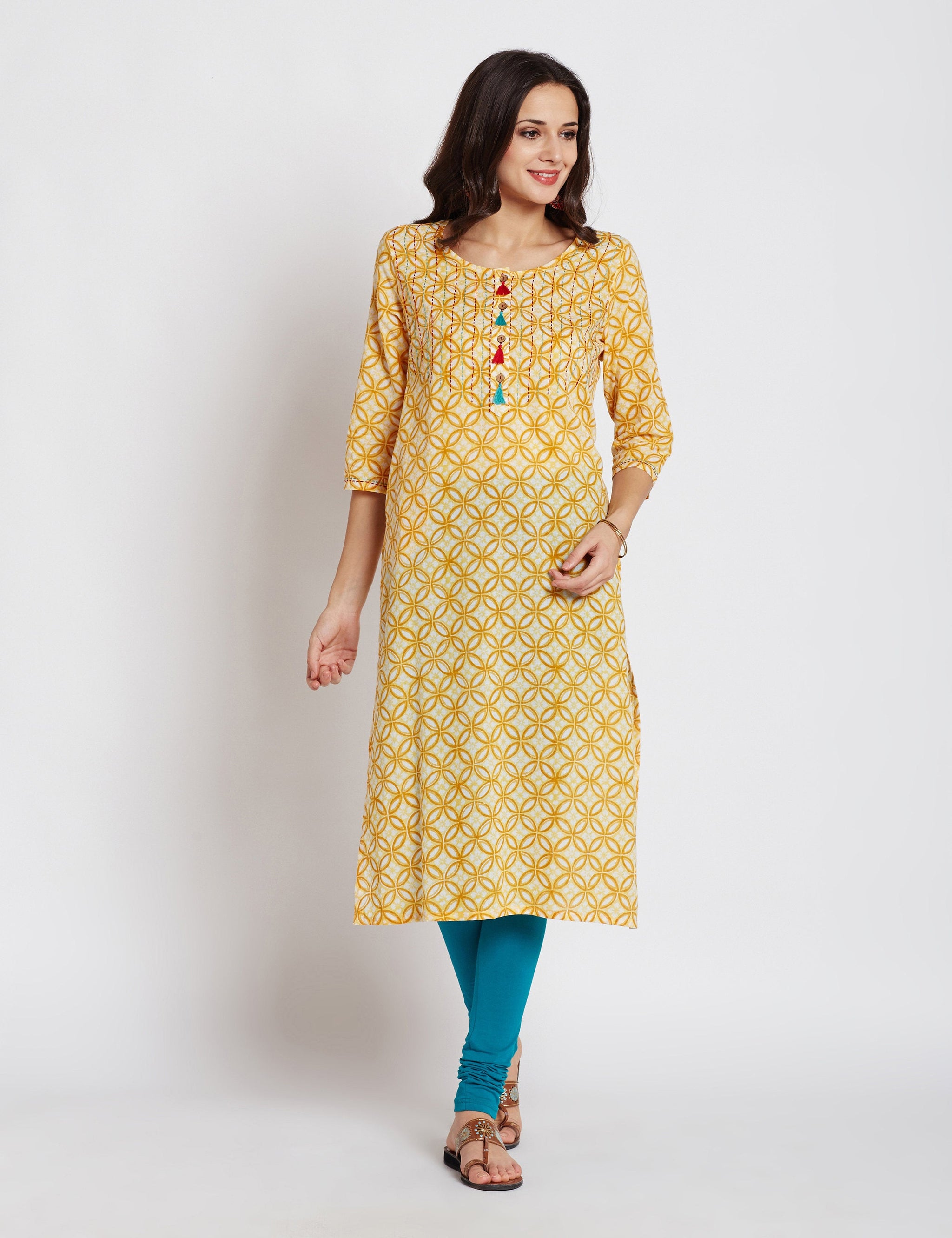 Hand block printed ethnic long Indian pocket kurta with kantha hand embroidery & tassels on front placket