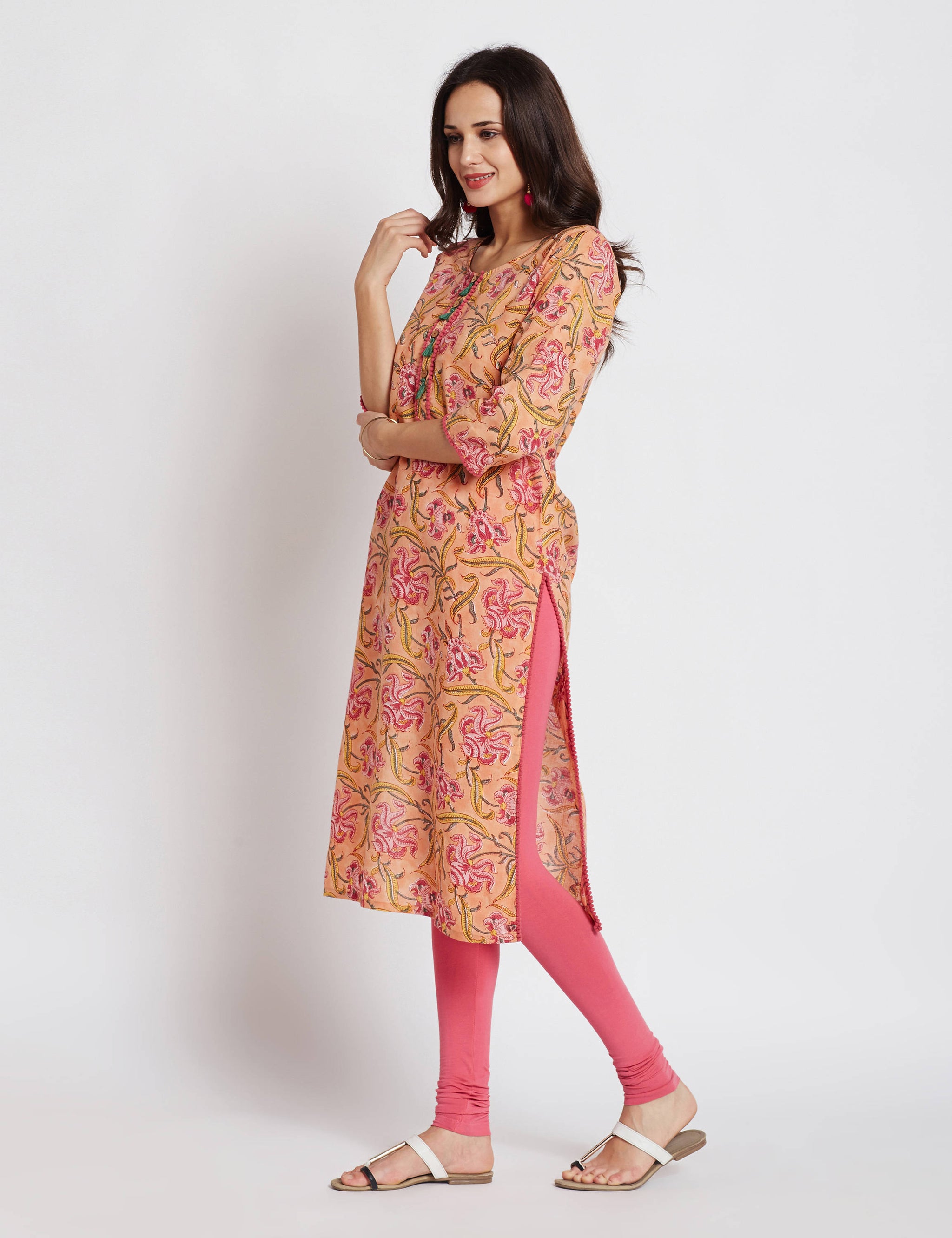 Hand block printed ethnic long Indian kurta with pompom trims & tassels on front