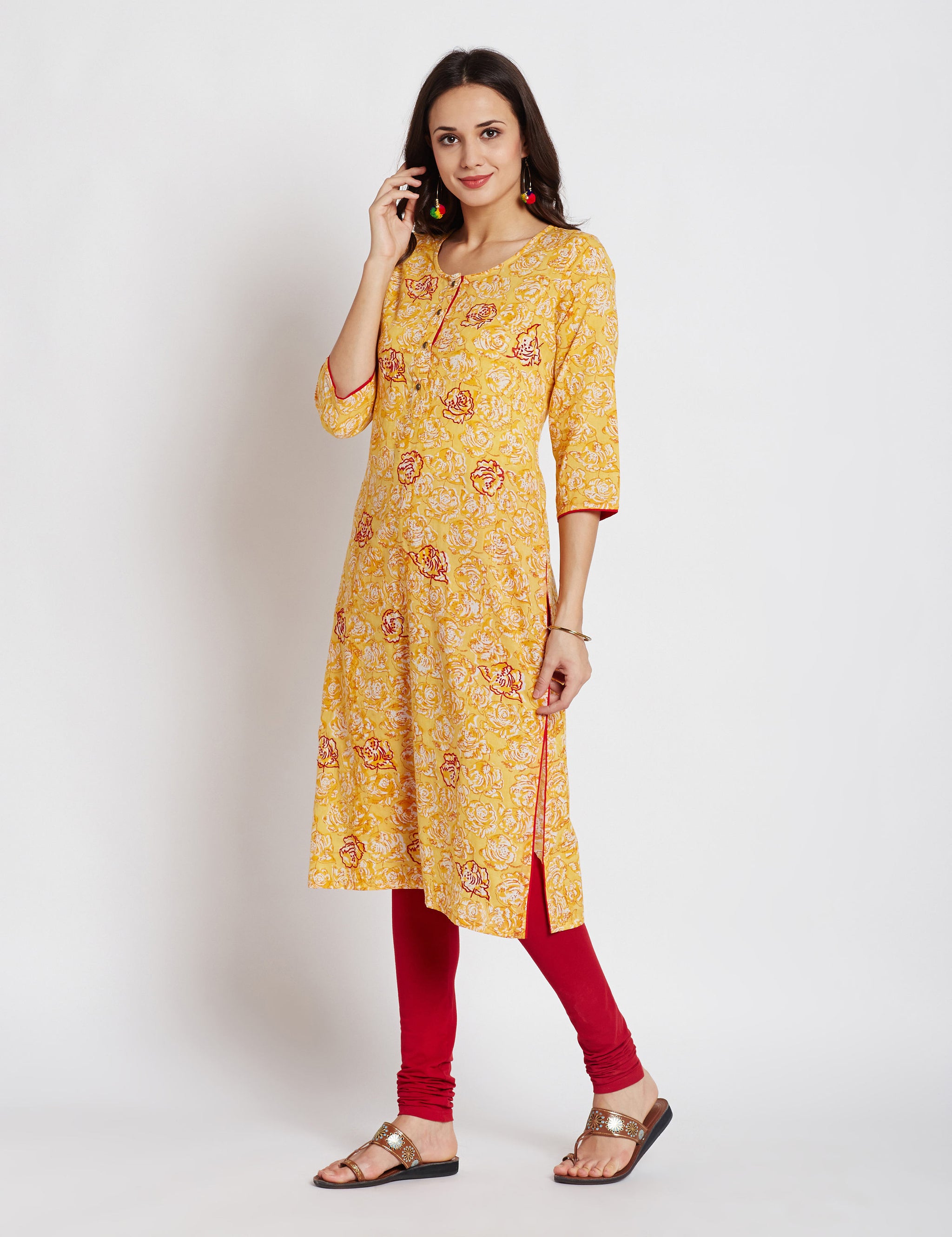 Hand block printed ethnic long Indian kurta in mango colour with embroidery