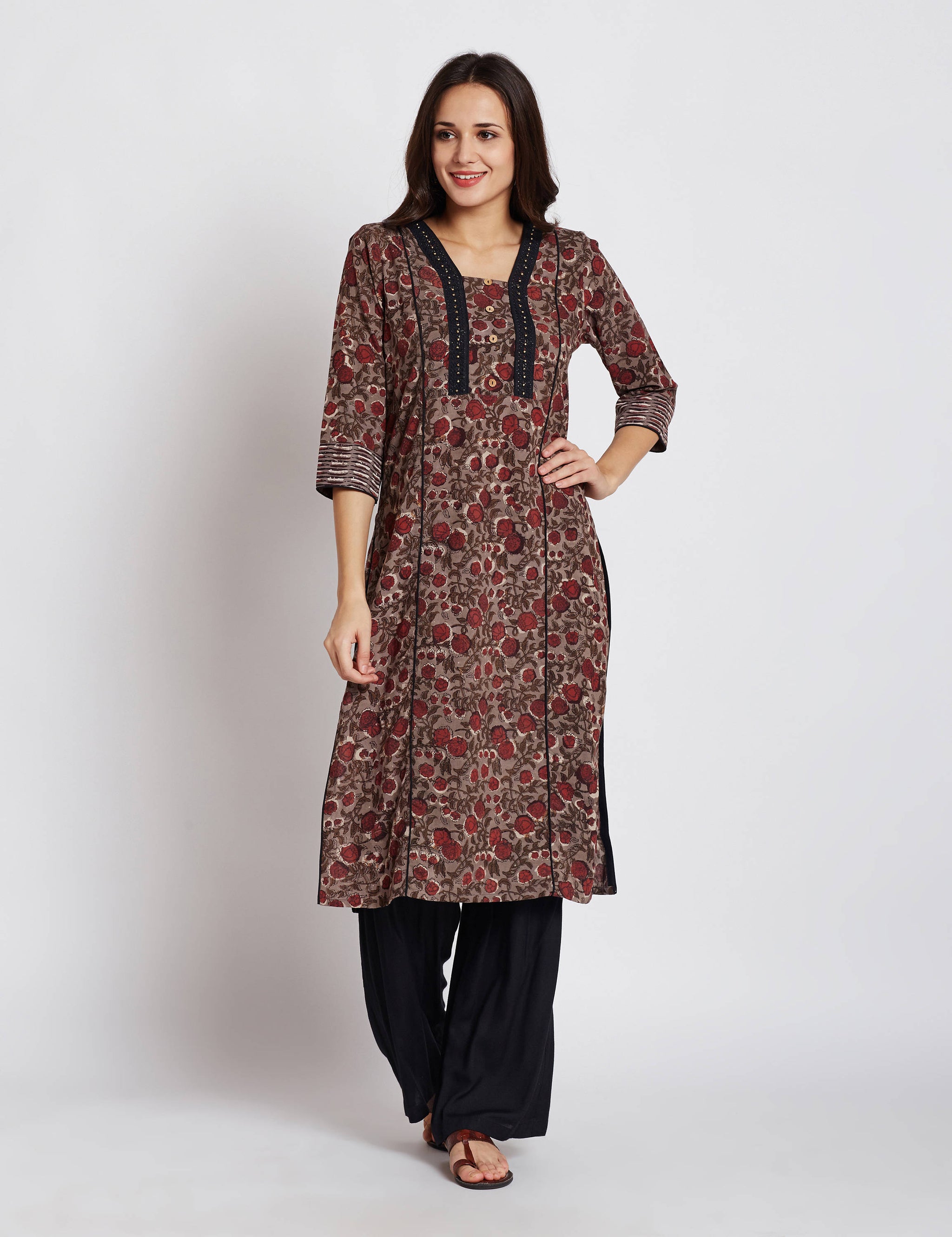 Hand block dabu printed ethnic long Indian kurta with trims on front and neck design with beads & lace