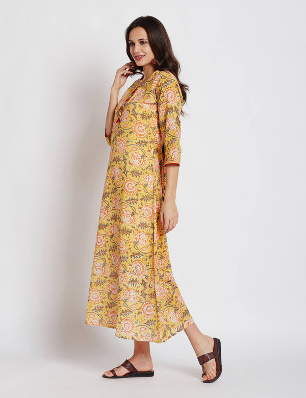Hand block yellow floral printed one piece long dress