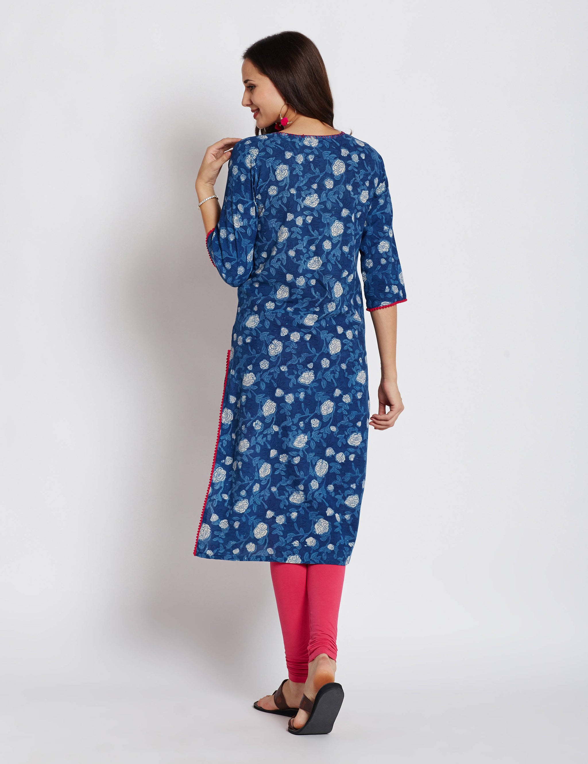 Indigo Hand block printed ethnic long Indian pocket kurta with hand embroidery & pompom lace