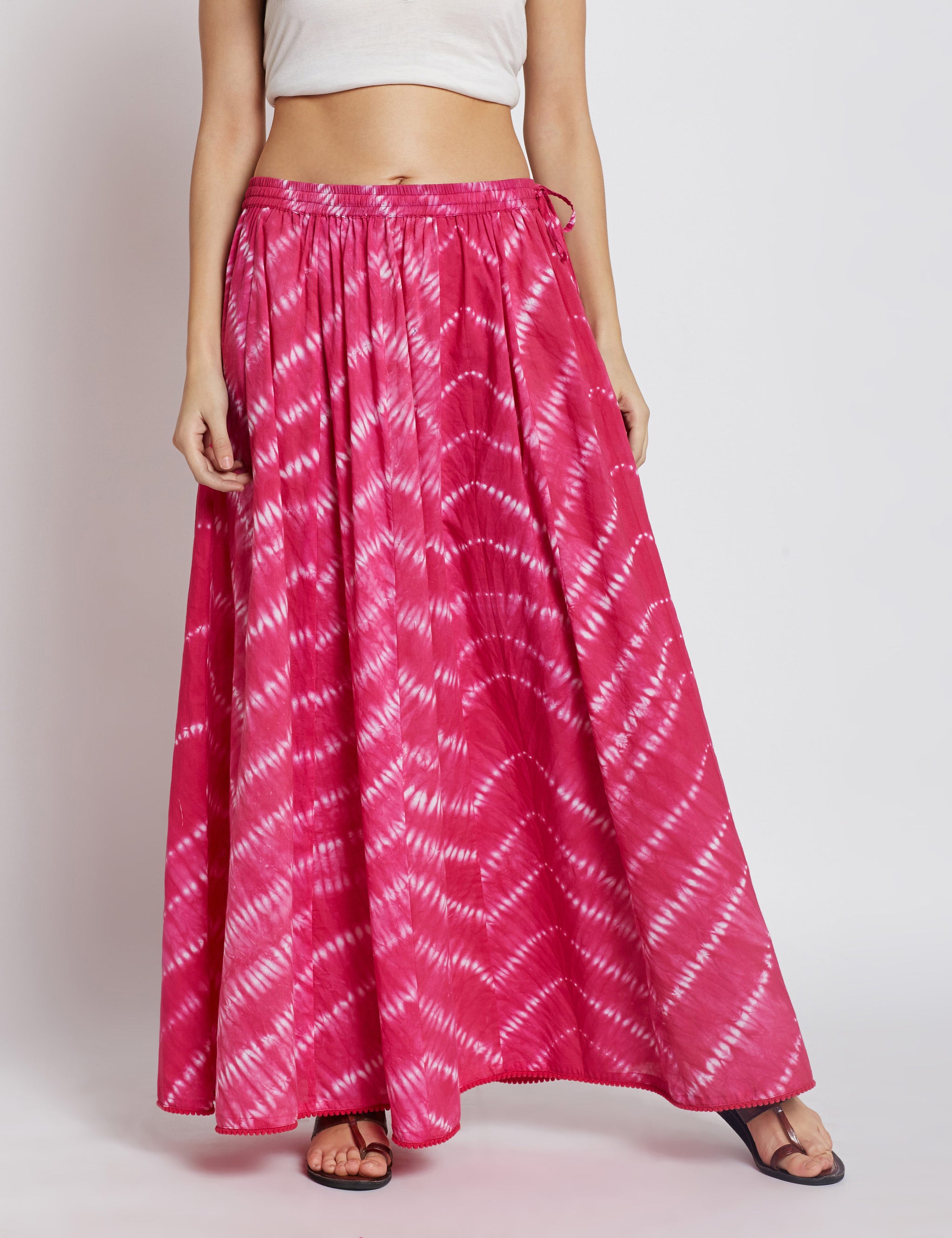 Shibori panelled long skirt in hotpink colour