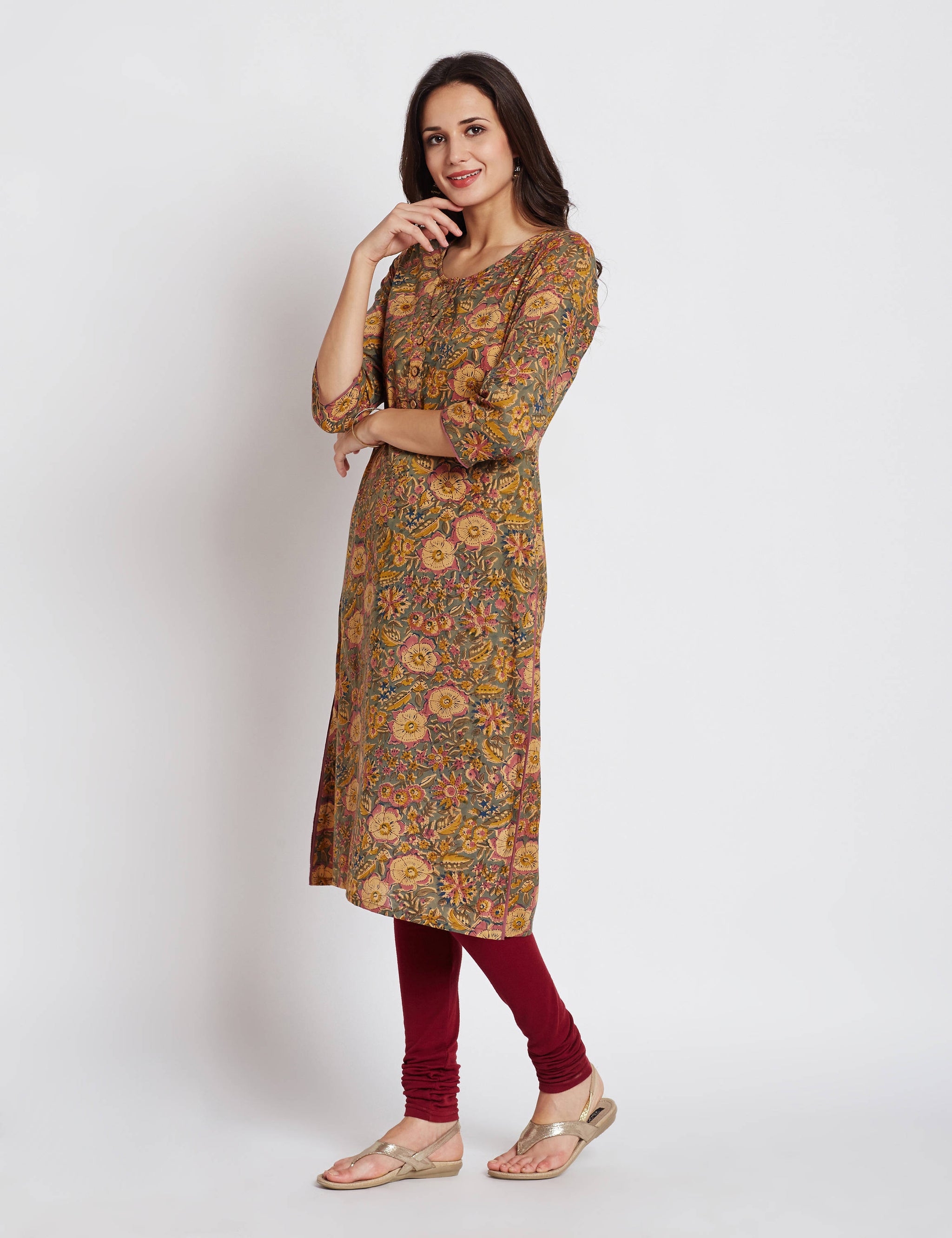 Hand block printed ethnic long Indian kurta with handwork, brass accessories on front  & trims on side slits