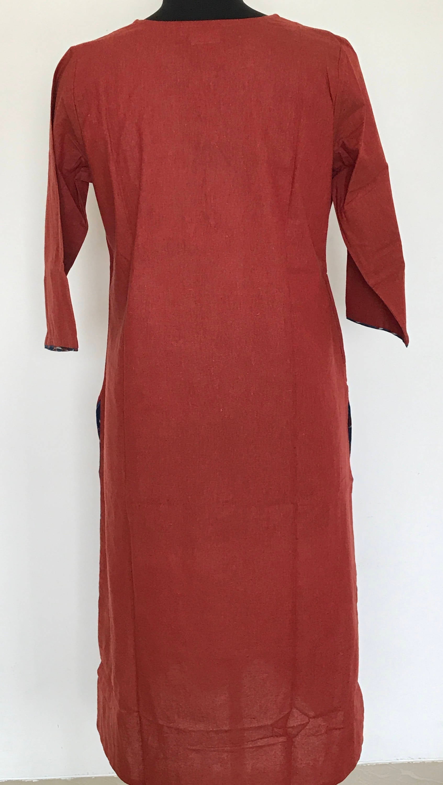 Indian ethnic long kurta with pocket in rust orange colour with hand block printed indigo yoke