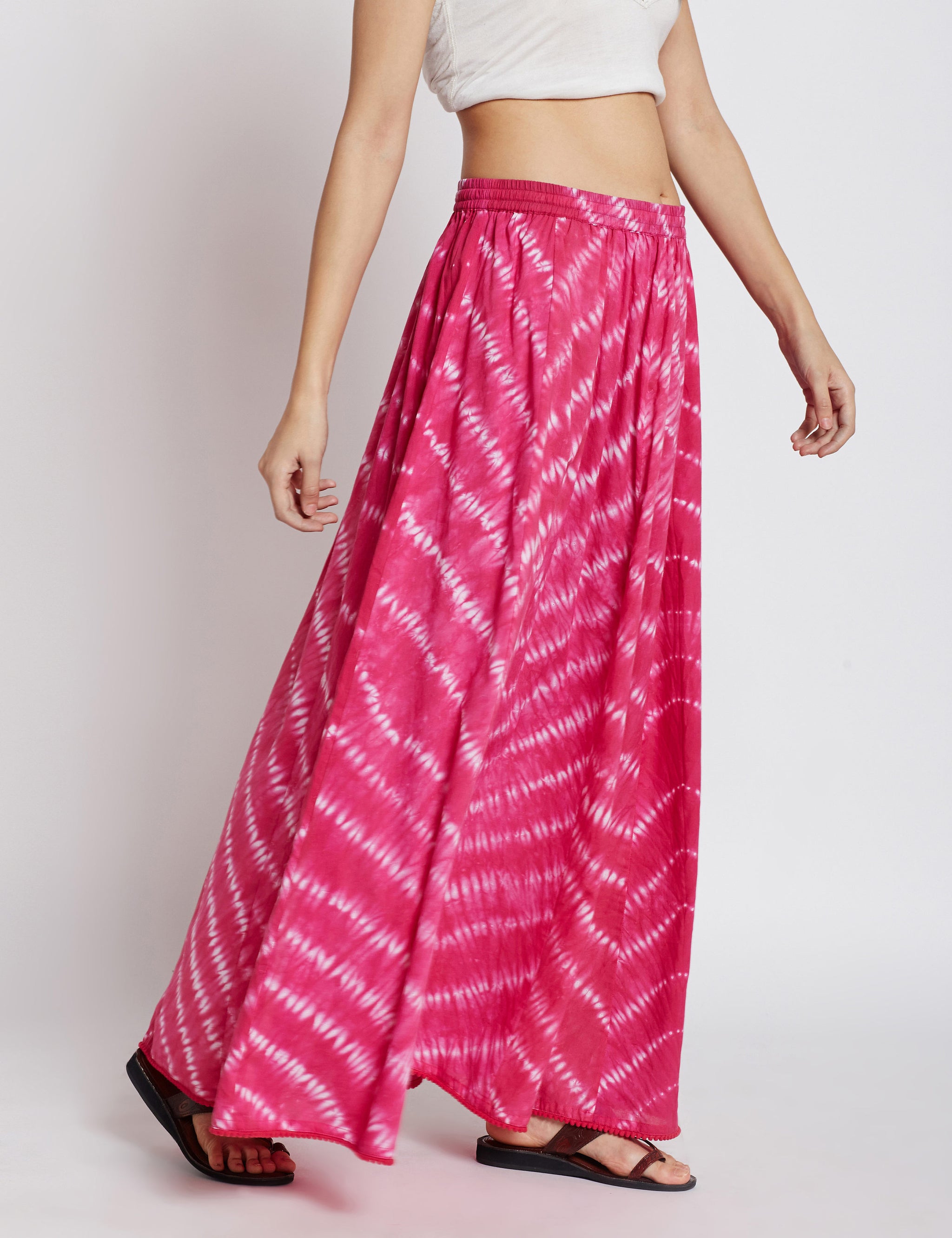 Shibori panelled long skirt in hotpink colour