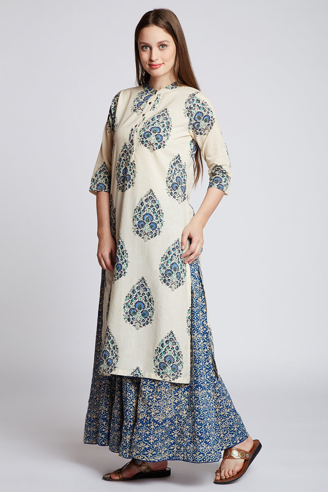 Hand block printed skirt with long Mughal hand block printed cotton kurta