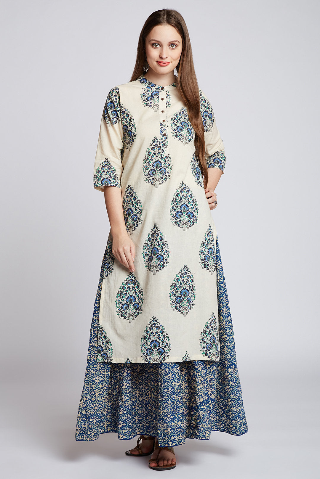 Hand block printed skirt with long Mughal hand block printed cotton kurta