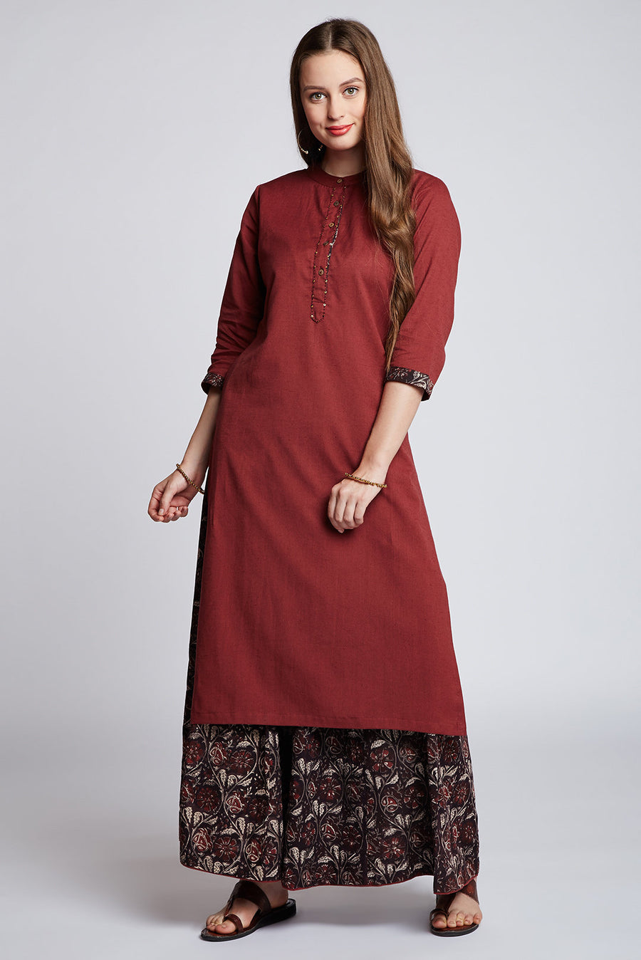 Hand block jahota printed skirt with long plain cotton kurta with kantha hand embroidery