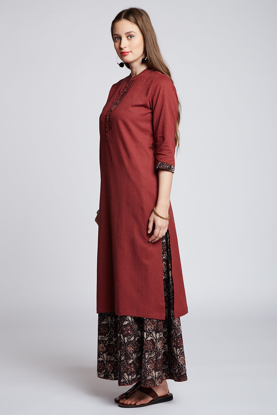 Hand block jahota printed skirt with long plain cotton kurta with kantha hand embroidery
