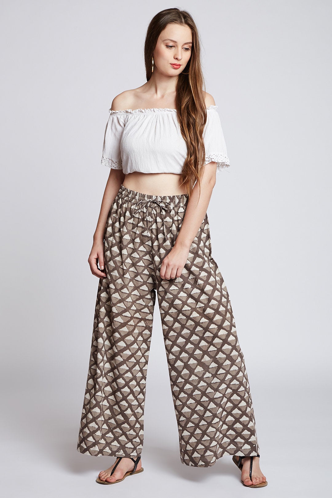 Dabu hand block printed cotton palazzo pants / flared pants