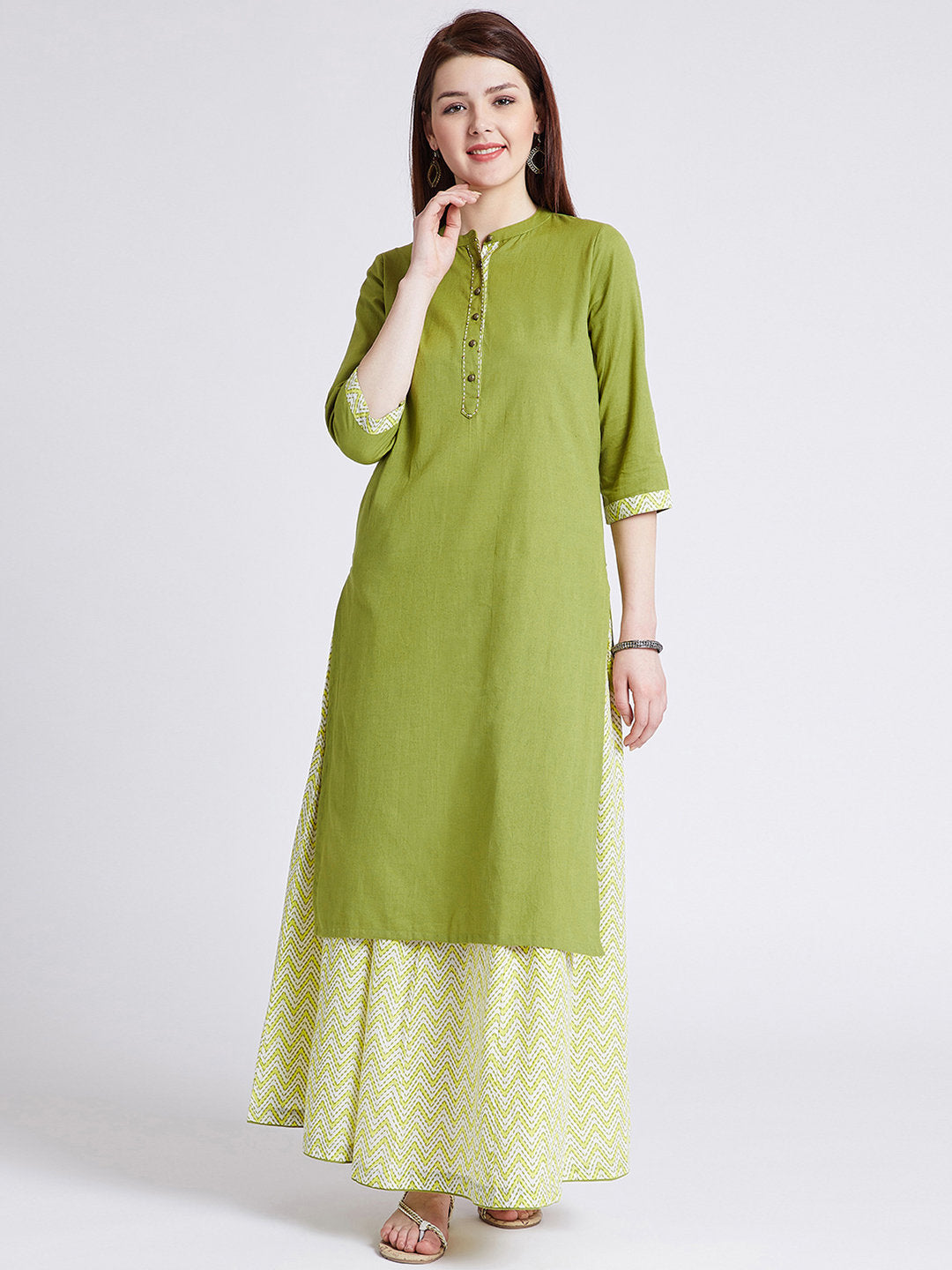 Hand block printed skirt with long cotton kurta with kantha hand embroidery and detailing
