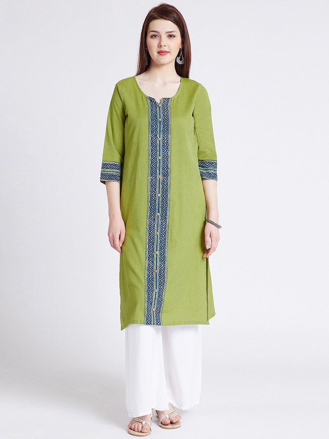 Indian ethnic long kurta with pocket in green colour with hand block printed ajrakh border detailing
