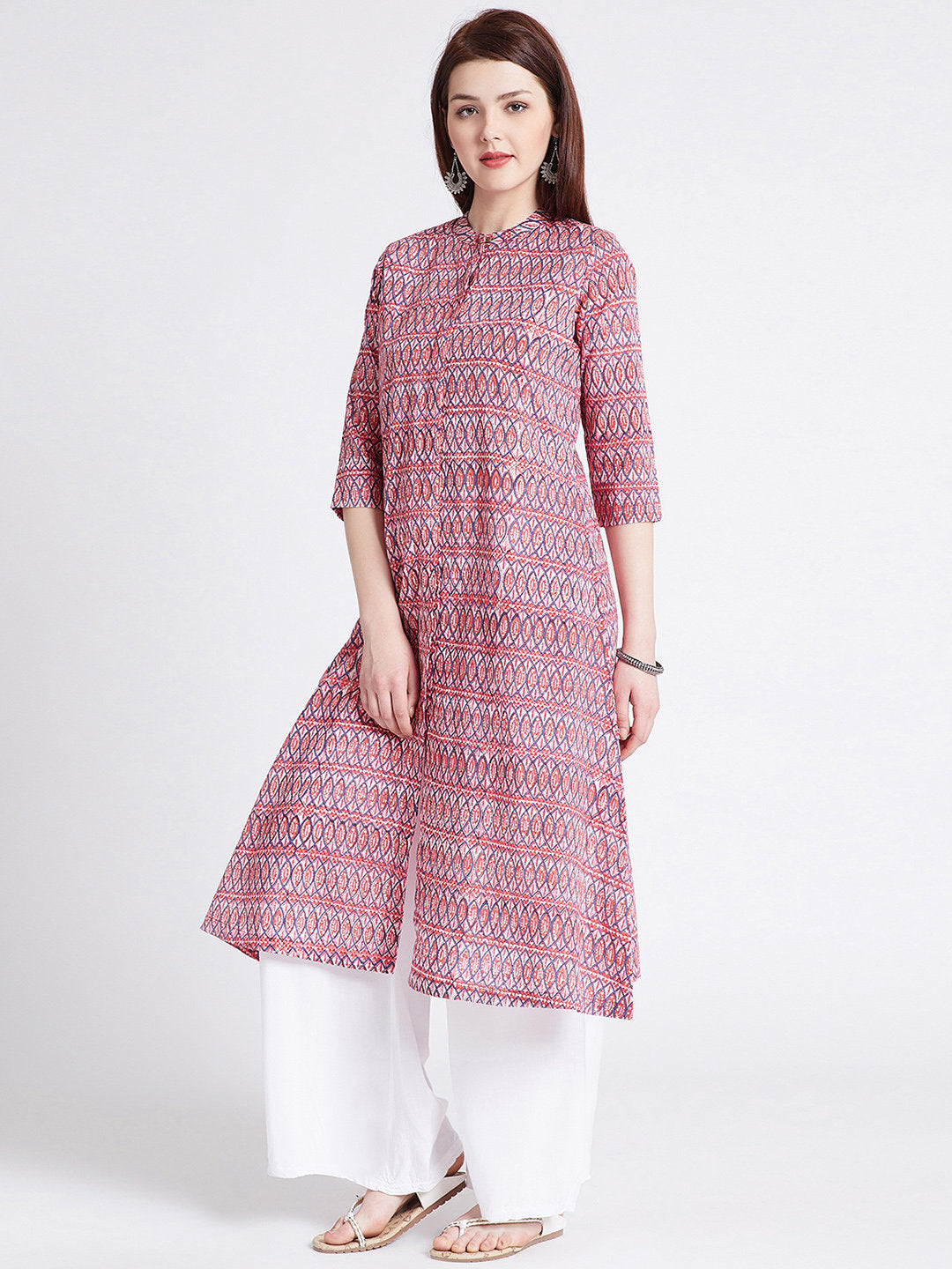 Hand block printed long kurta with front slit in reddish pink colour with pockets with button detailing on front