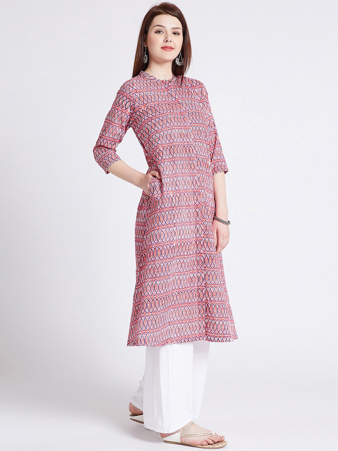 Hand block printed long kurta with front slit in reddish pink colour with pockets with button detailing on front