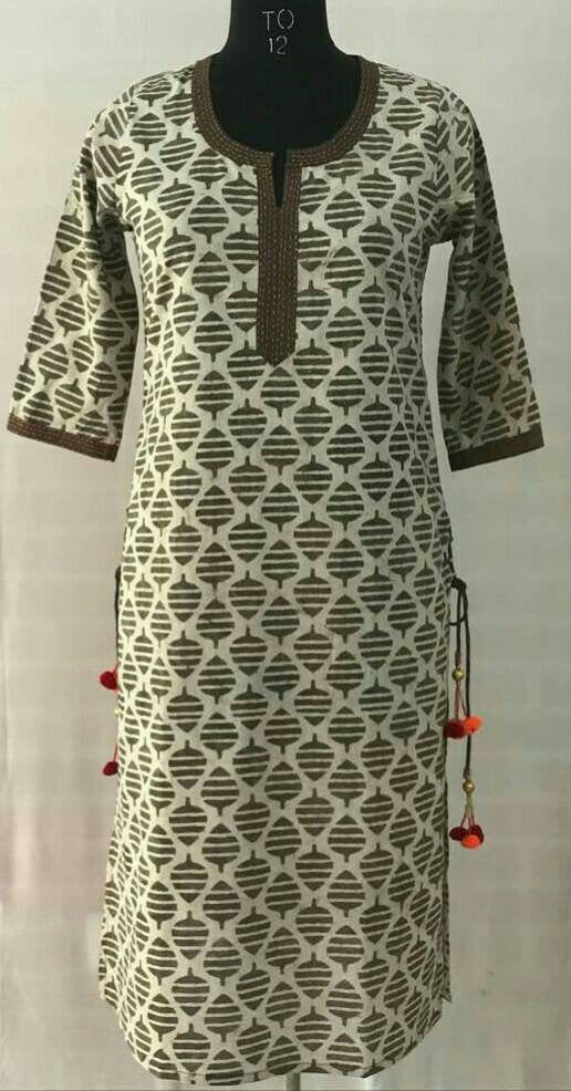 Hand block dabu printed ethnic long Indian kurta with side tassels and hand embroidery on neck