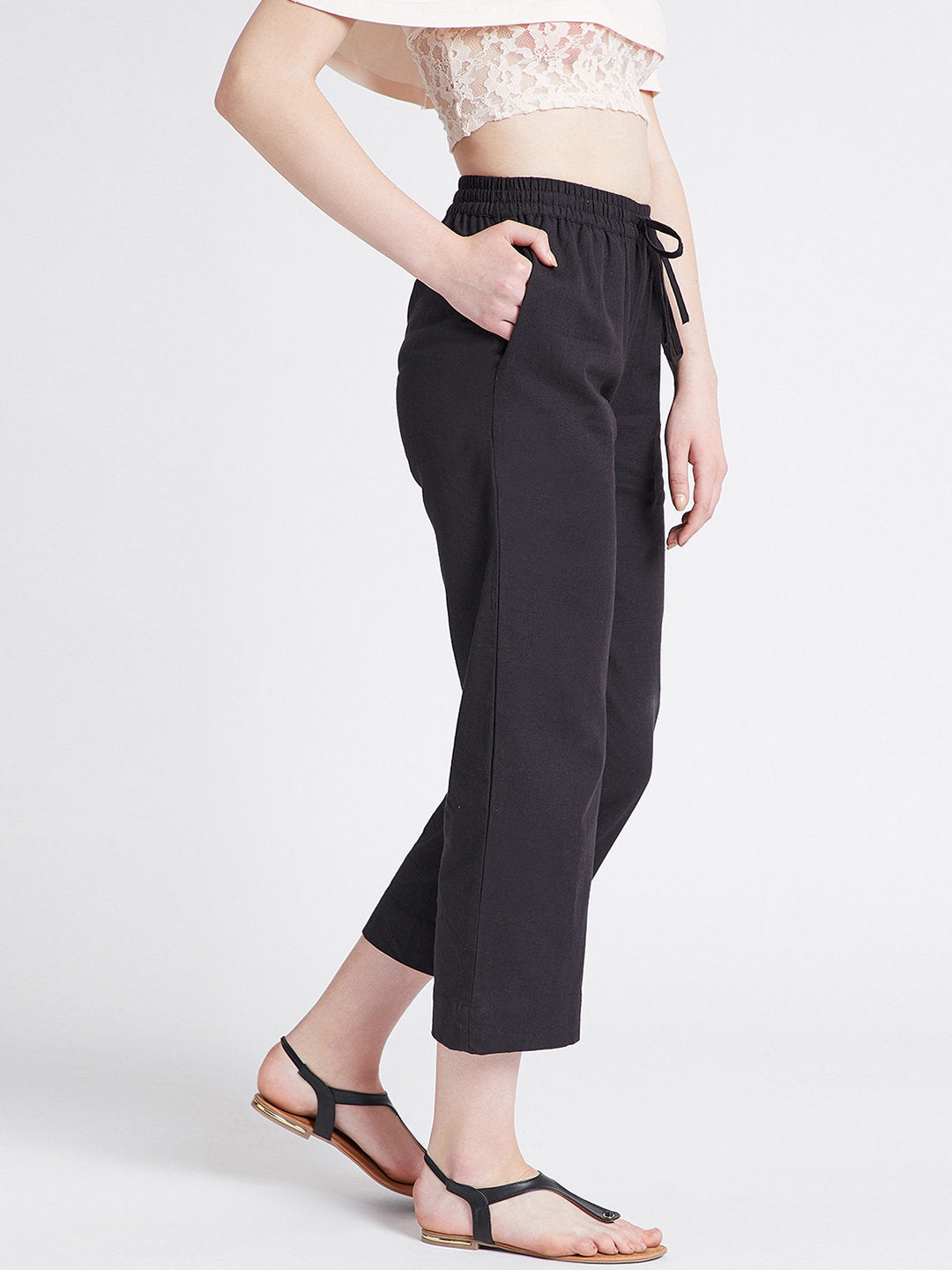 Black cotton straight pants with pockets