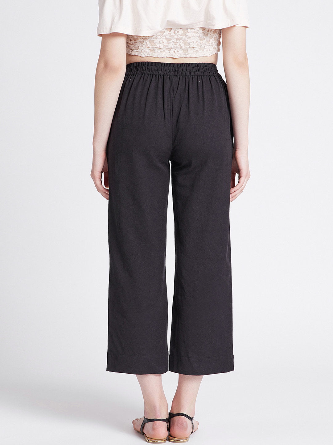 Black cotton straight pants with pockets