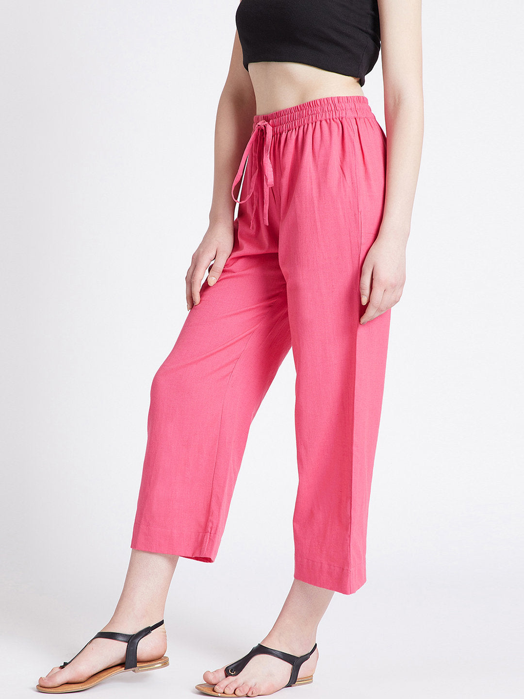 Pink cotton straight pants with pockets