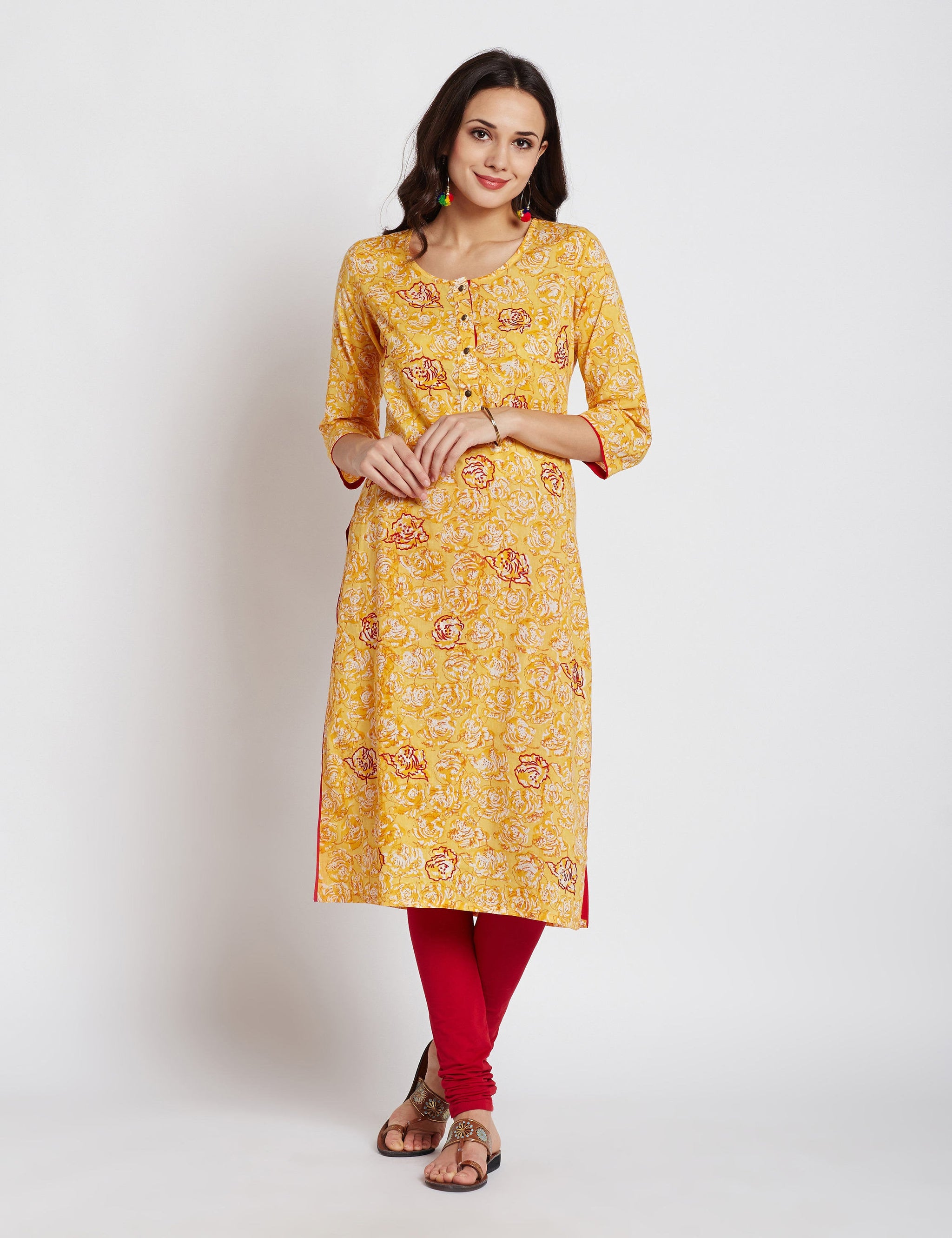 Hand block printed ethnic long Indian kurta in mango colour with embroidery