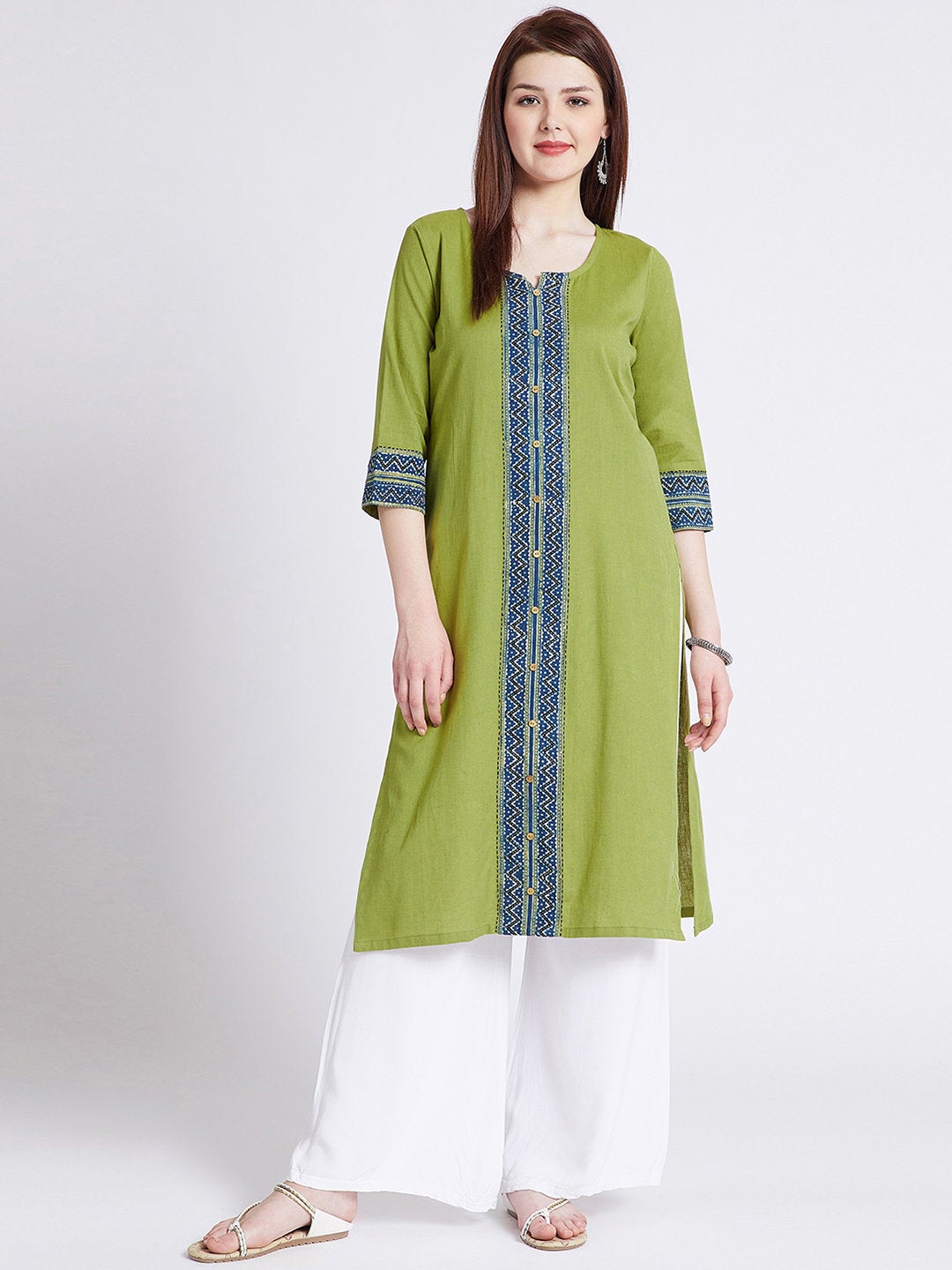 Indian ethnic long kurta with pocket in green colour with hand block printed ajrakh border detailing