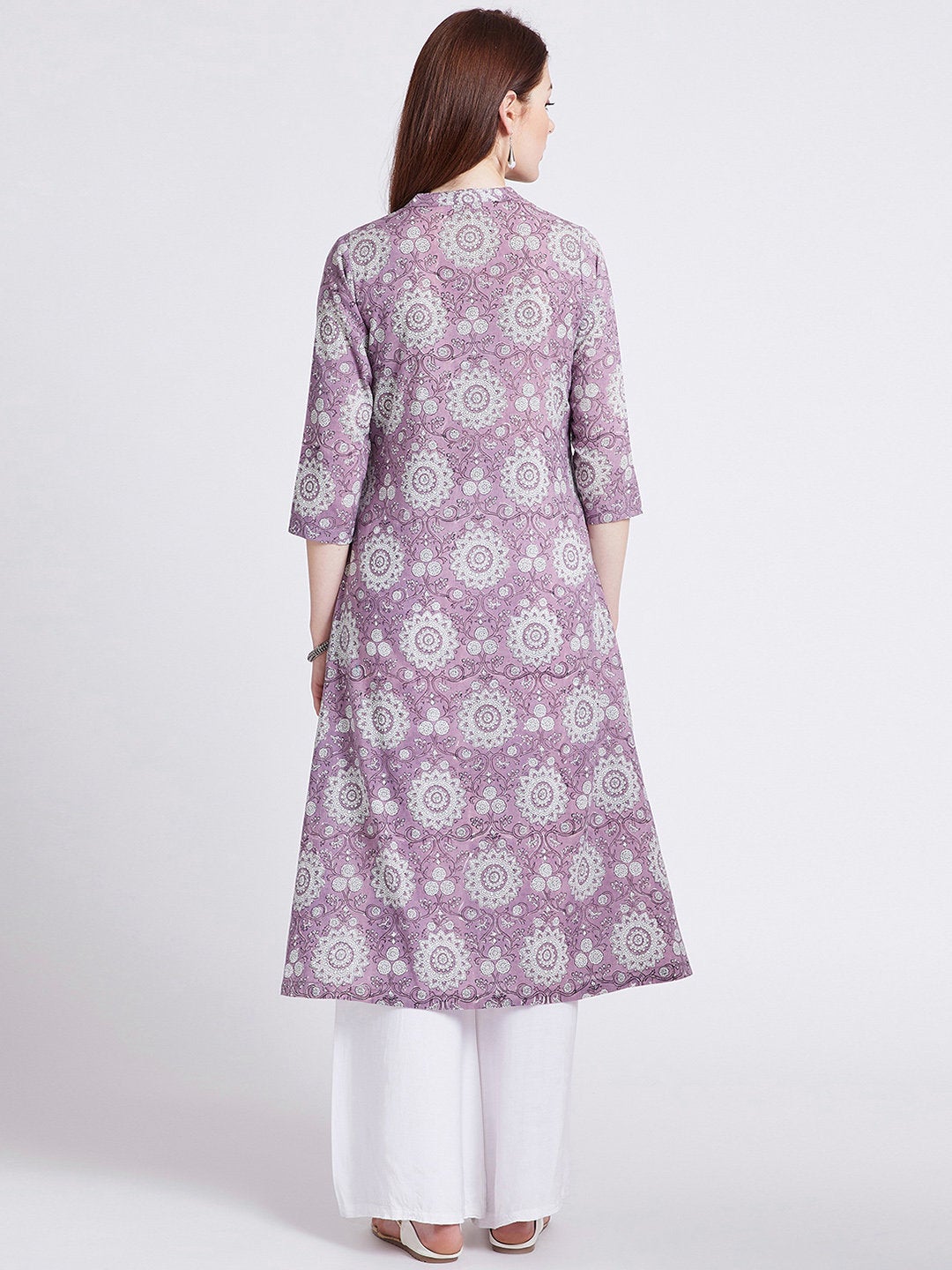 Hand block printed long kurta with front slit in purple colour with pockets with button detailing on front