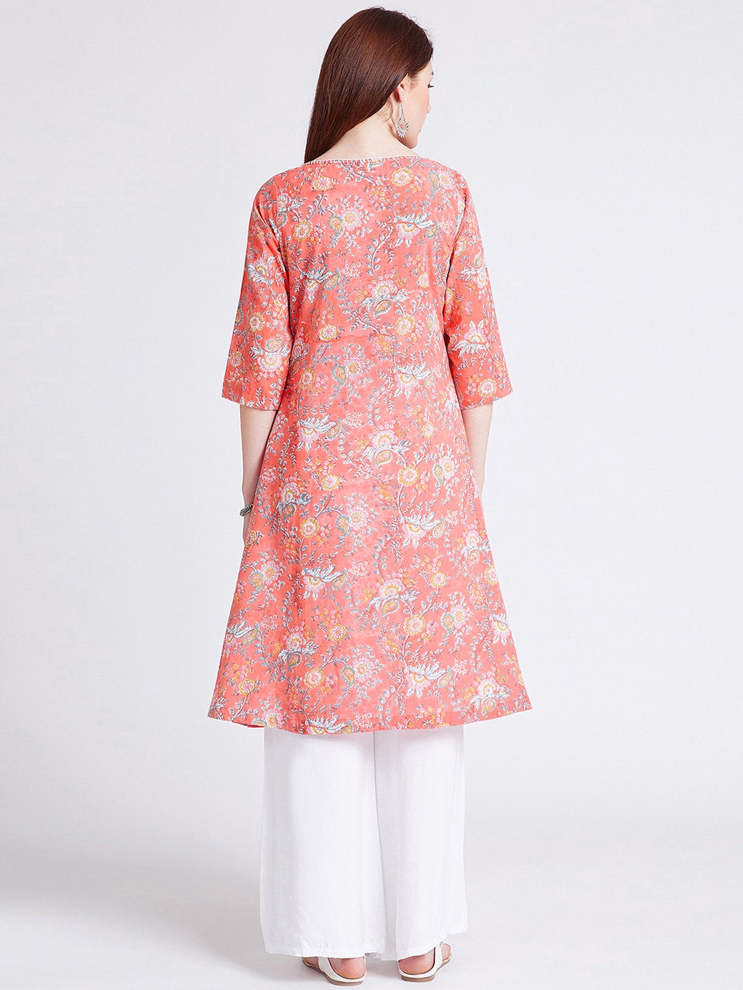 Indian ethnic hand block printed long kurta in peach colour with front kali & hand work detailing on neck