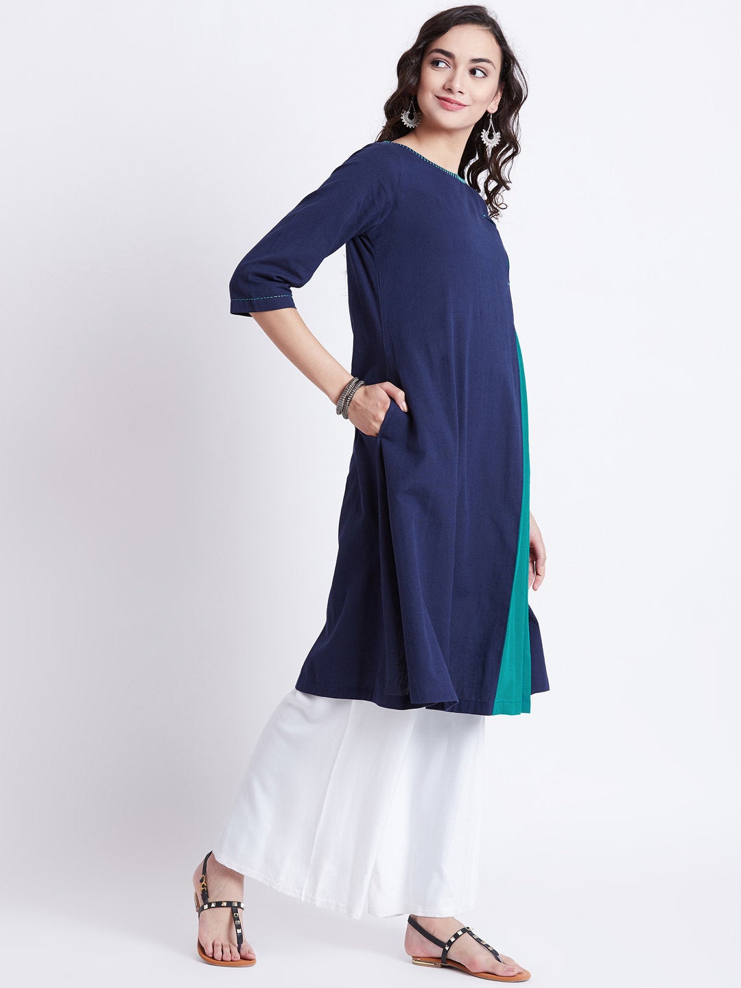 Indian ethnic long kurta in blue colour with front kali & hand work detailing on neck
