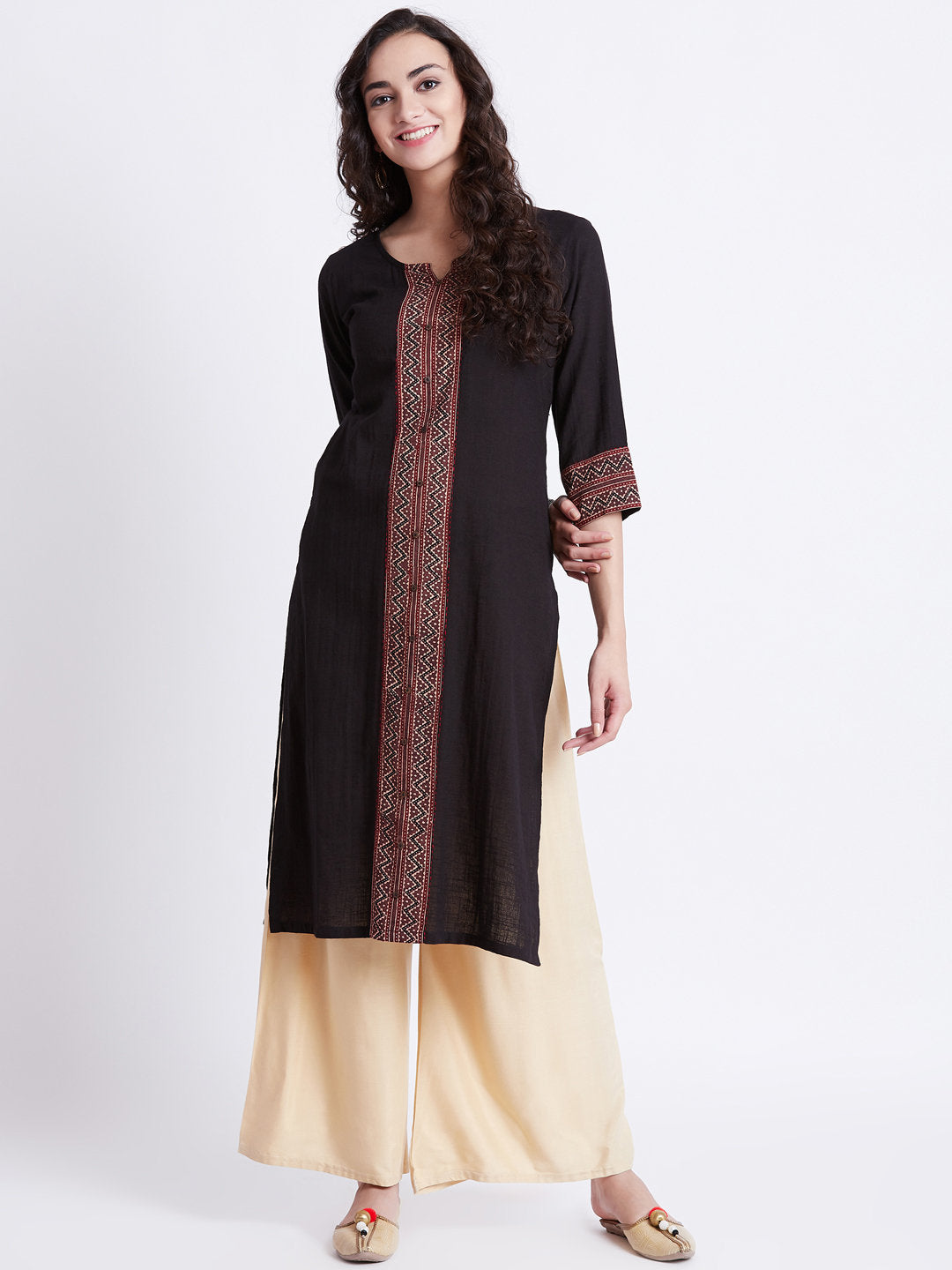 Indian ethnic long kurta with pocket in black colour with hand block printed ajrakh border detailing