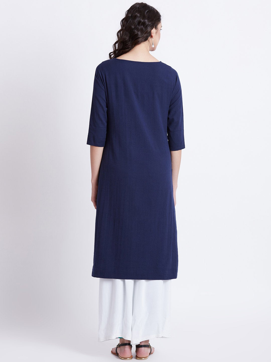 Indian ethnic long kurta with pockets in blue colour with embroidery detailing on yoke