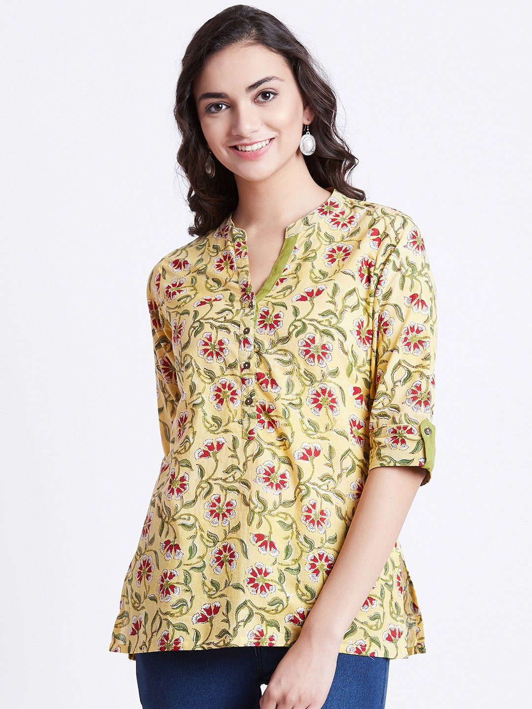 Hand Block Printed Indian tunic/ kurti in lime yellow colour in floral design