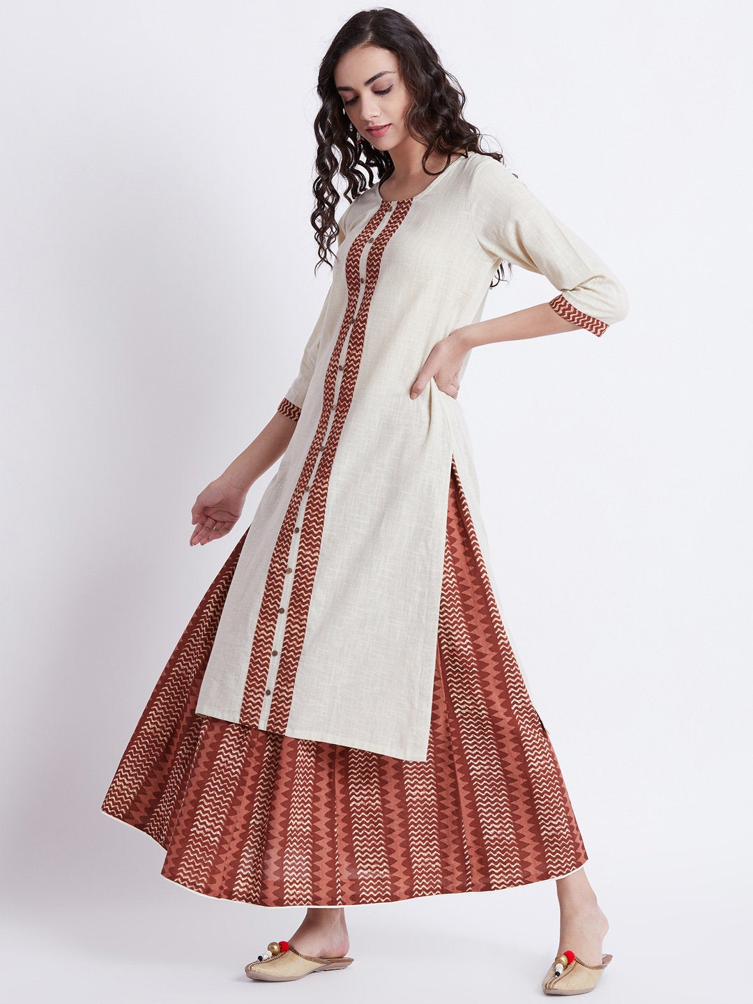 Hand block printed skirt with off-white long cotton kurta with print detailing on front & sleeves