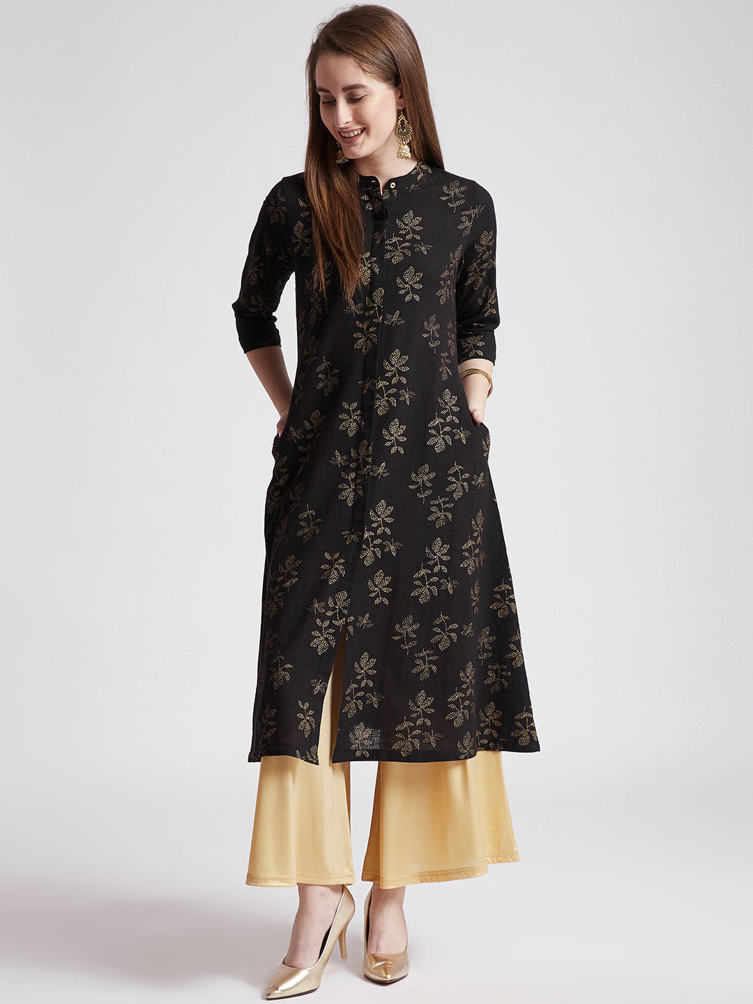 Indian ethnic gold hand block printed long kurta with front slit in black colour with pockets and button detailing on front