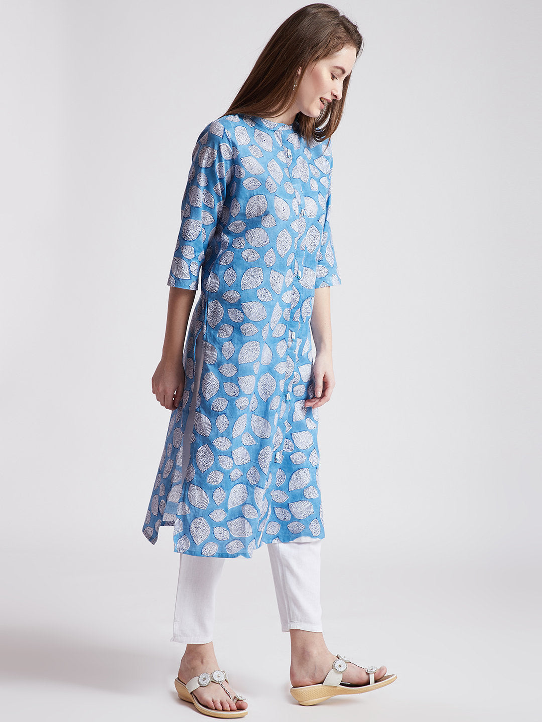 Hand block printed ethnic long Indian kurta in blue colour with front slit