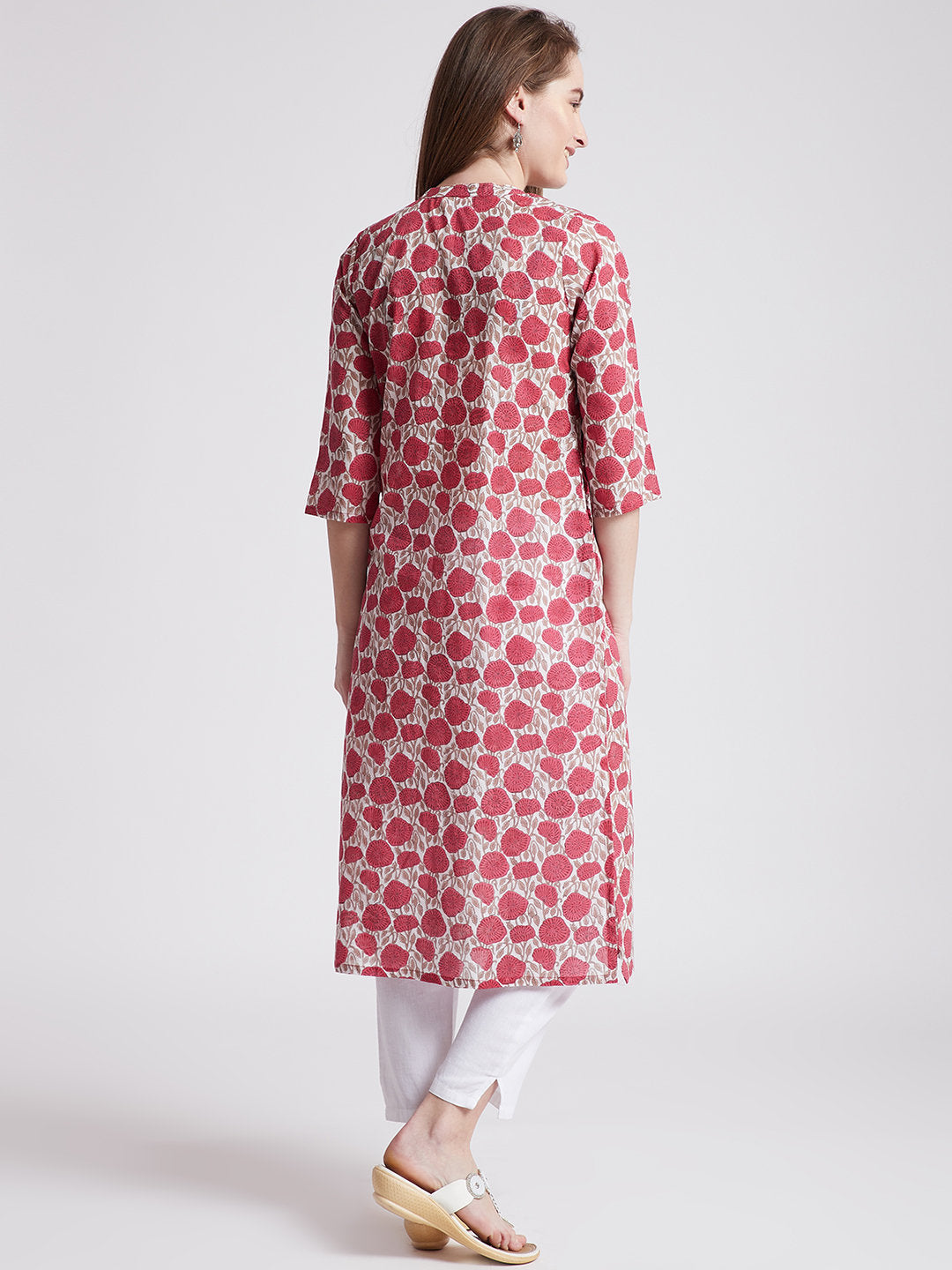 Hand block printed ethnic long Indian kurta in white colour with rose print & front slit