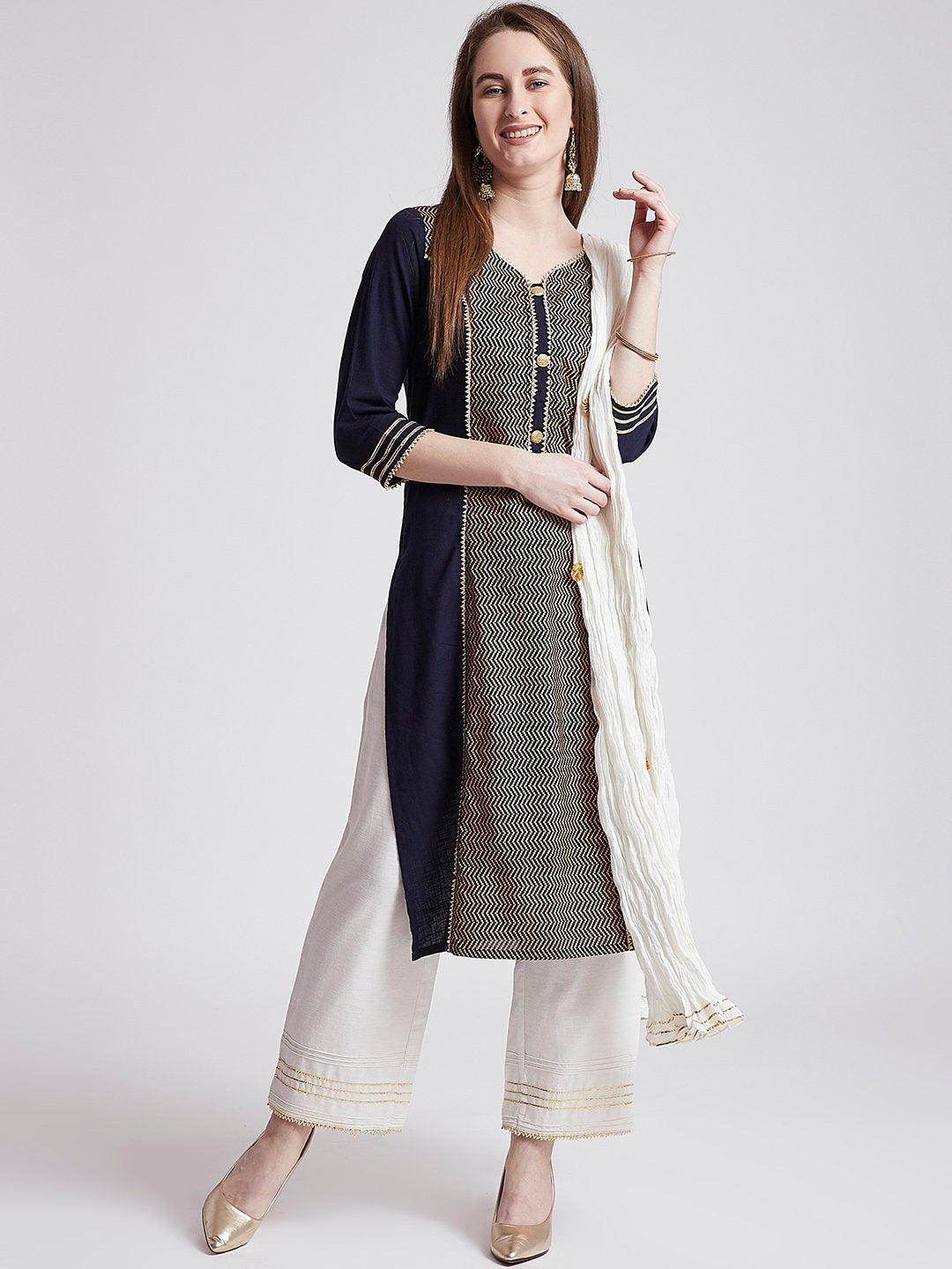 Indian ethnic long kurta in navy blue colour with pants & stole with gota detailing