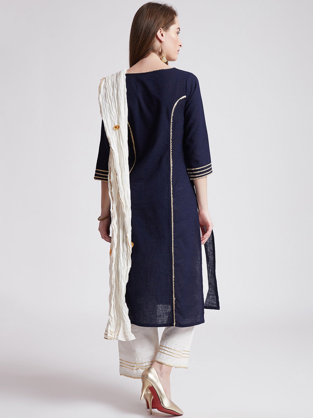 Indian ethnic long kurta in navy blue colour with pants & stole with gota detailing