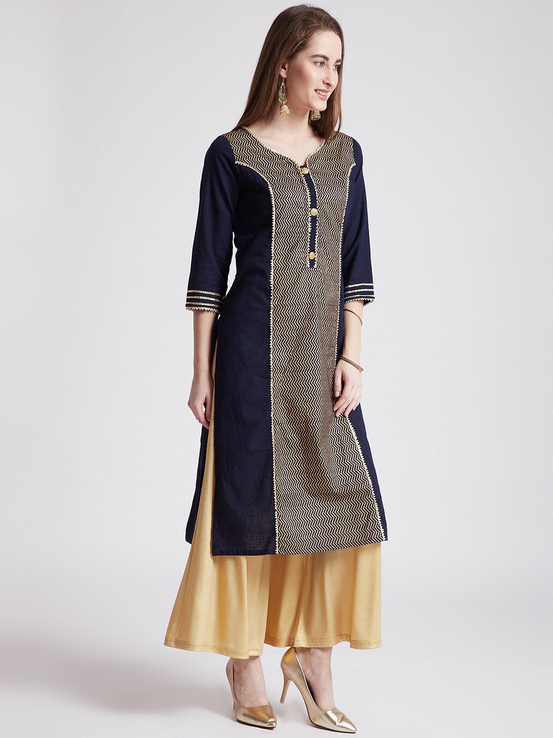 Indian ethnic long kurta in navy blue colour with gota detailing
