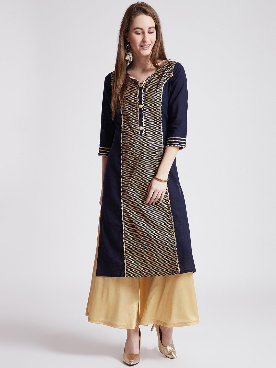 Indian ethnic long kurta in navy blue colour with gota detailing