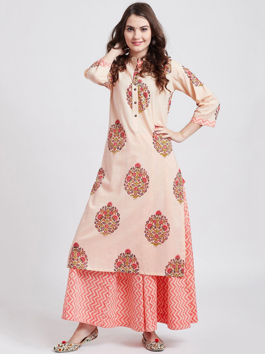 Hand block printed skirt with hand block Mughal printed long cotton kurta