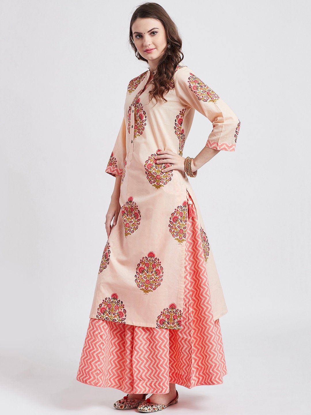 Hand block printed skirt with hand block Mughal printed long cotton kurta