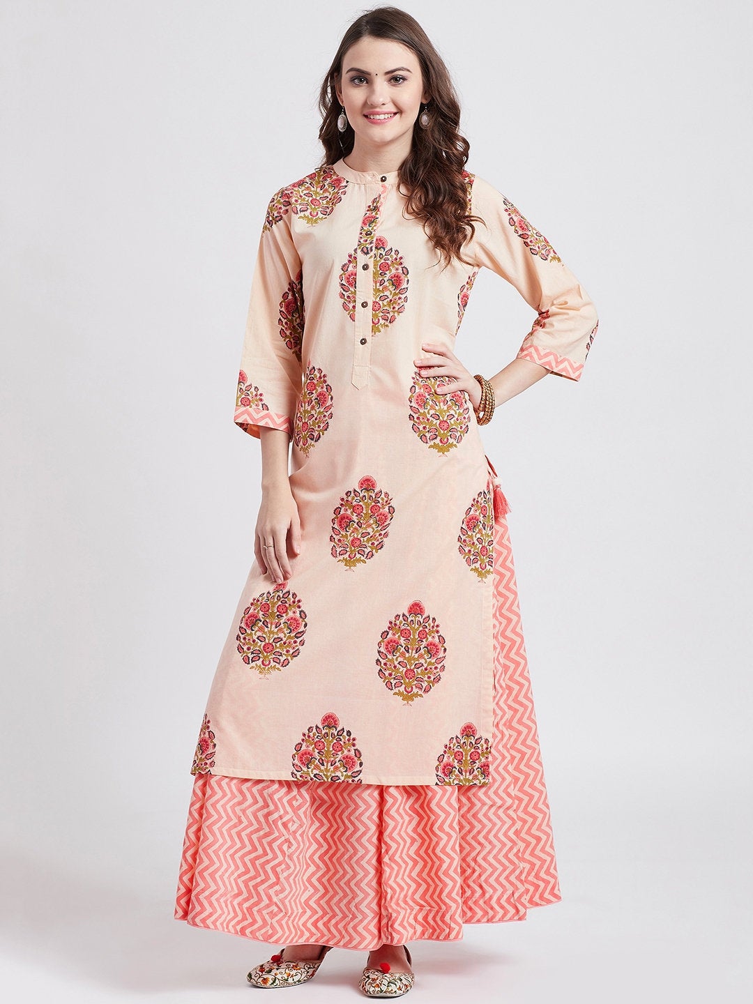 Hand block printed skirt with hand block Mughal printed long cotton kurta